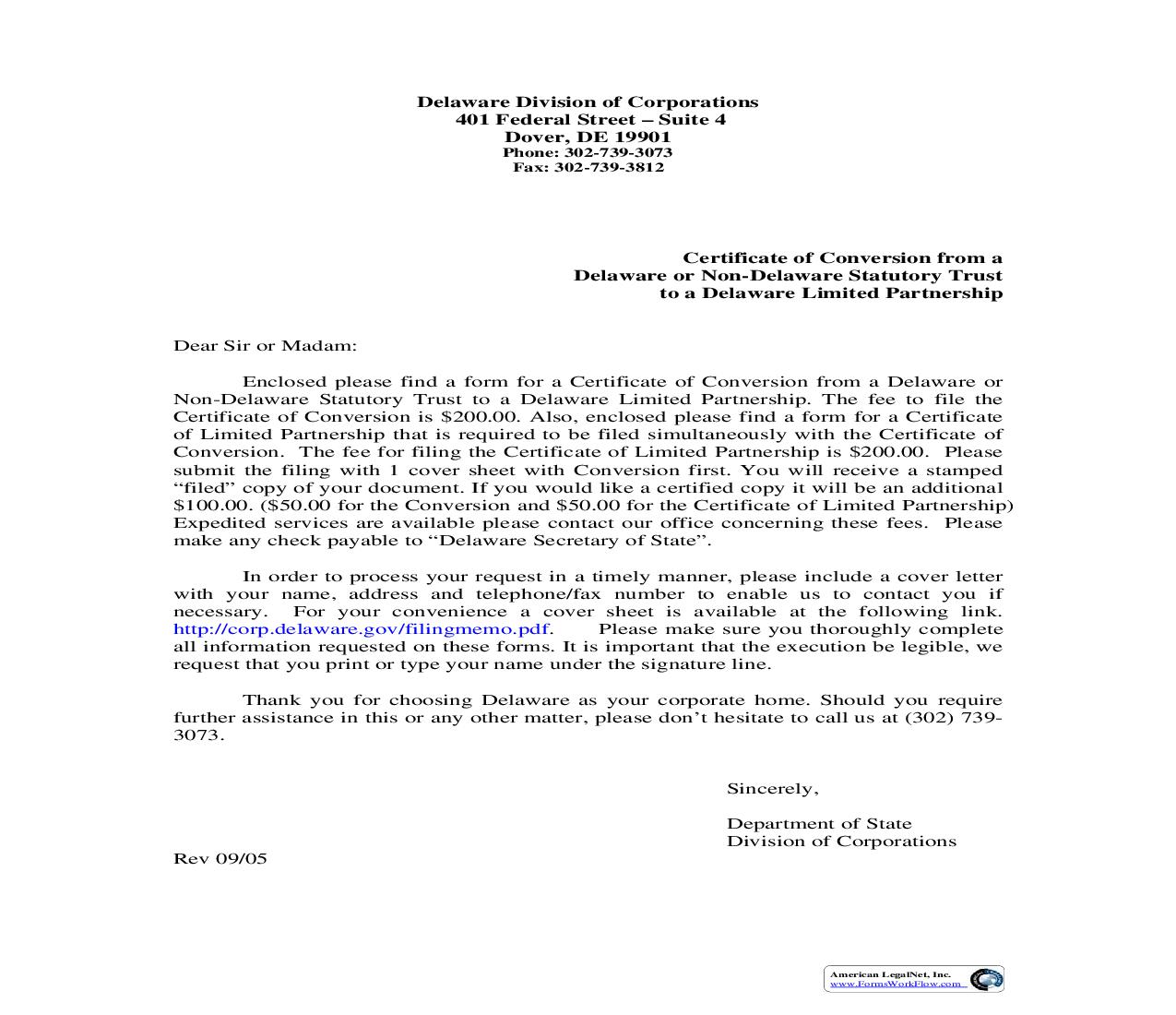Certificate Of Conversion From Statutory Trust To Limited Partnership | Pdf Fpdf Doc Docx | Delaware