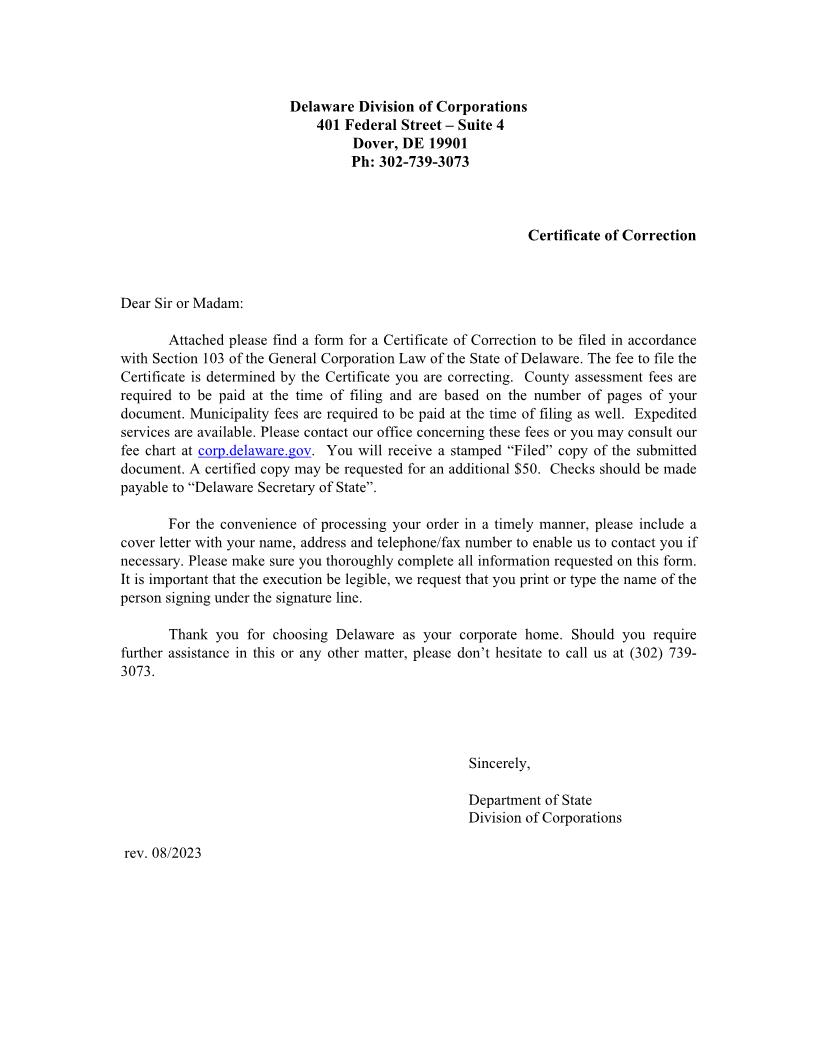 Corporation (Certificate Of Correction) | Pdf Fpdf Doc Docx | Delaware