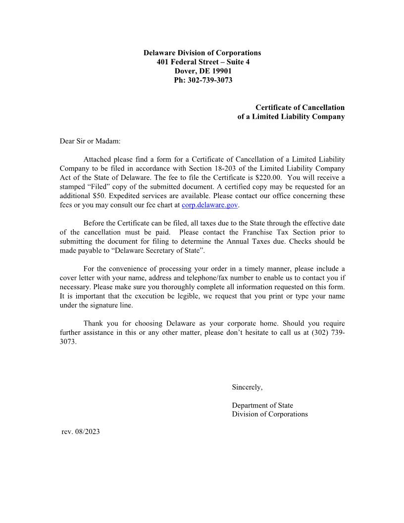 Cancellation (Limited Liability Companies) | Pdf Fpdf Doc Docx | Delaware