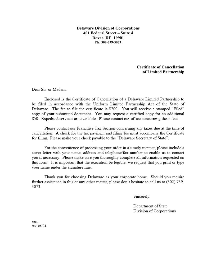 Cancellation (Limited Partnerships) | Pdf Fpdf Doc Docx | Delaware