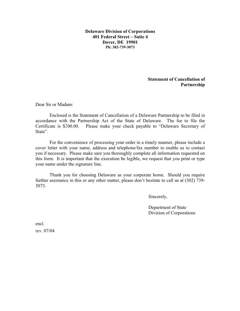 Cancellation (Partnership) | Pdf Fpdf Docx | Delaware