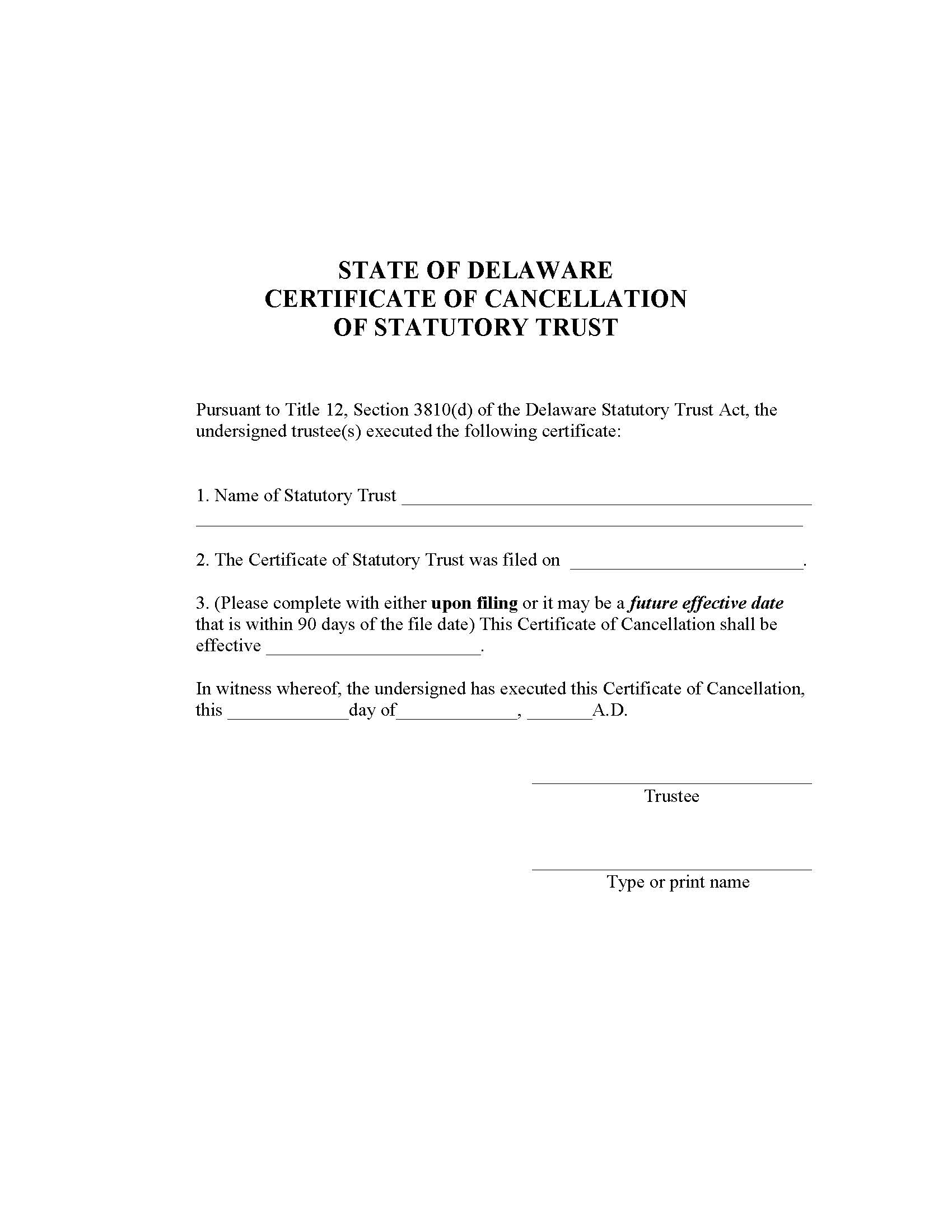 Cancellation (Statutory Trust) | Pdf Fpdf Doc Docx | Delaware
