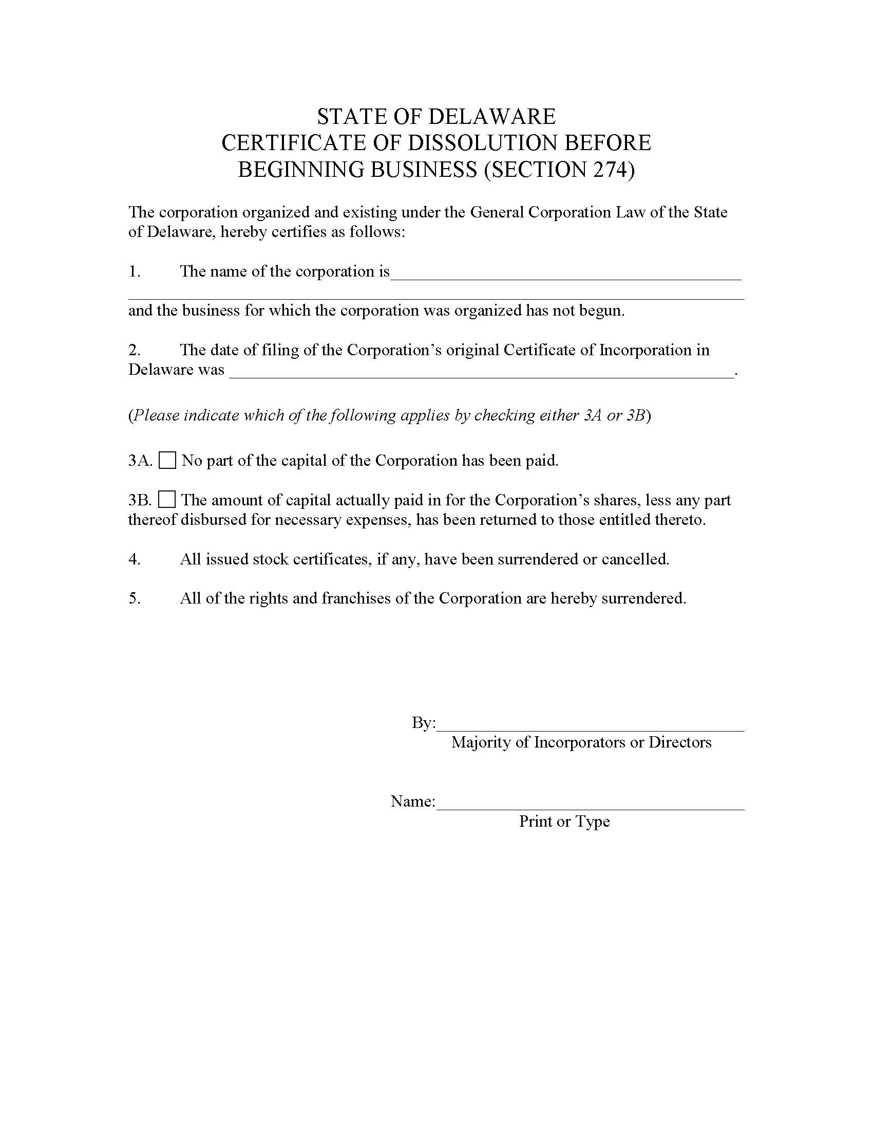 Dissolution-Section 274-Before Beginning Business (Corporations) | Pdf Fpdf Doc Docx | Delaware