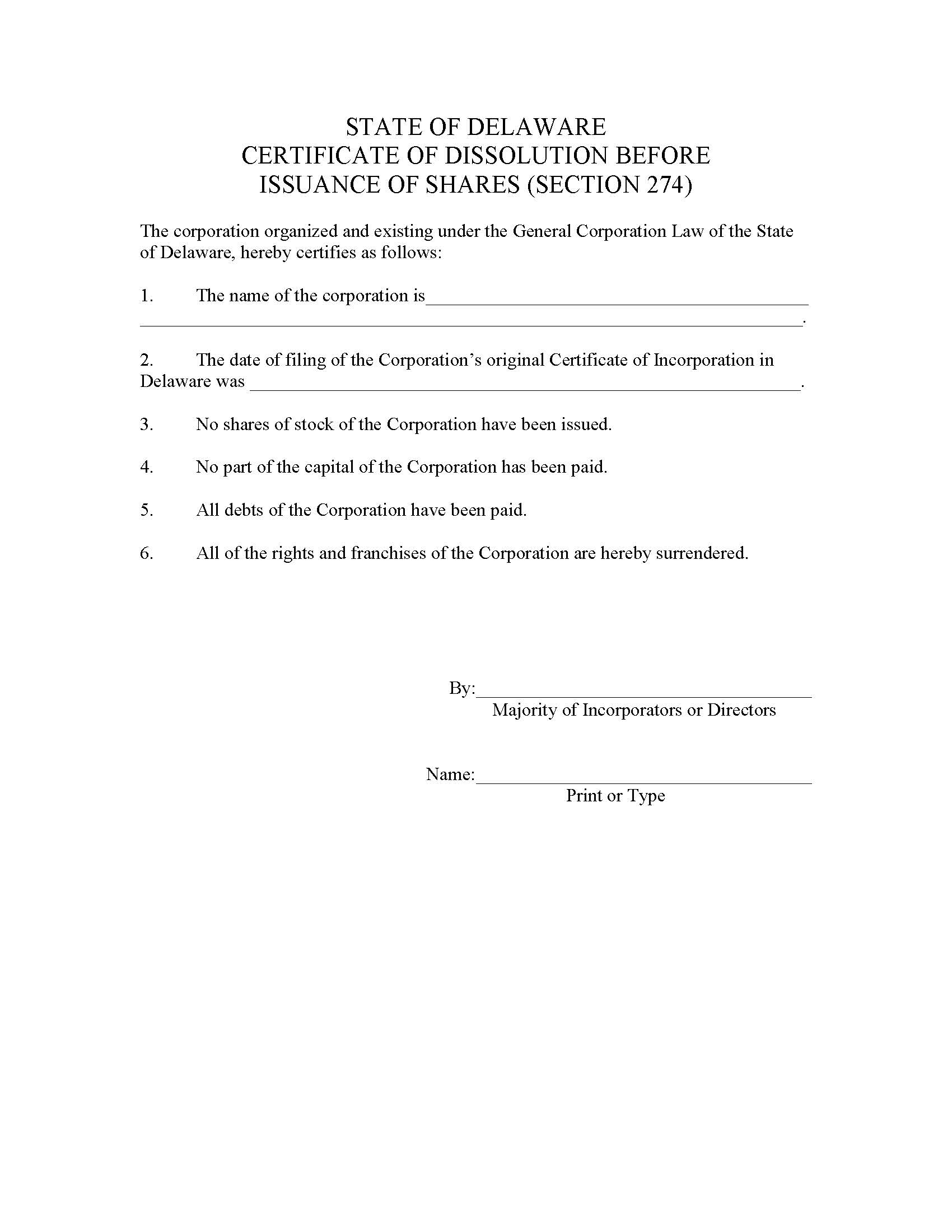 Dissolution-Section 274-Before Issuance Of Shares (Corporations) | Pdf Fpdf Doc Docx | Delaware