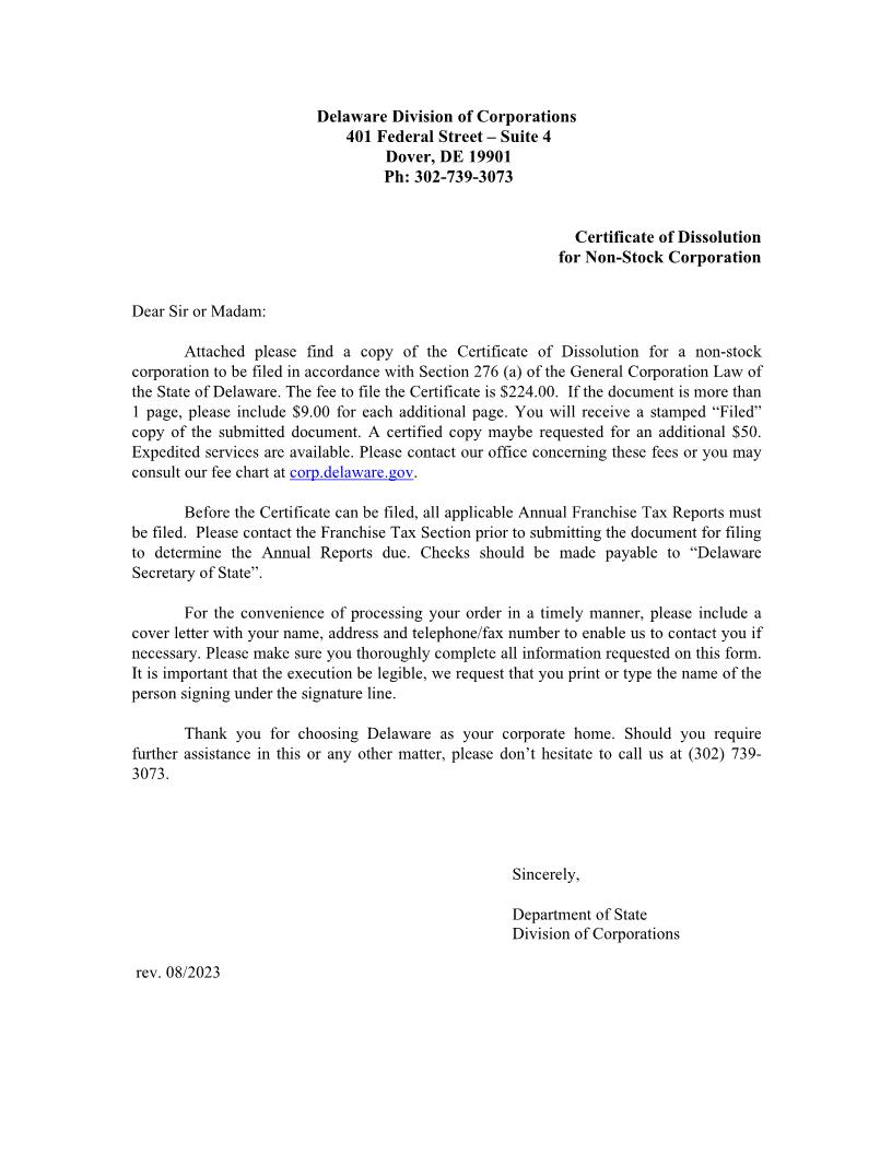 Dissolution-Section 276a-Non Stock (Corporations) | Pdf Fpdf Doc Docx | Delaware
