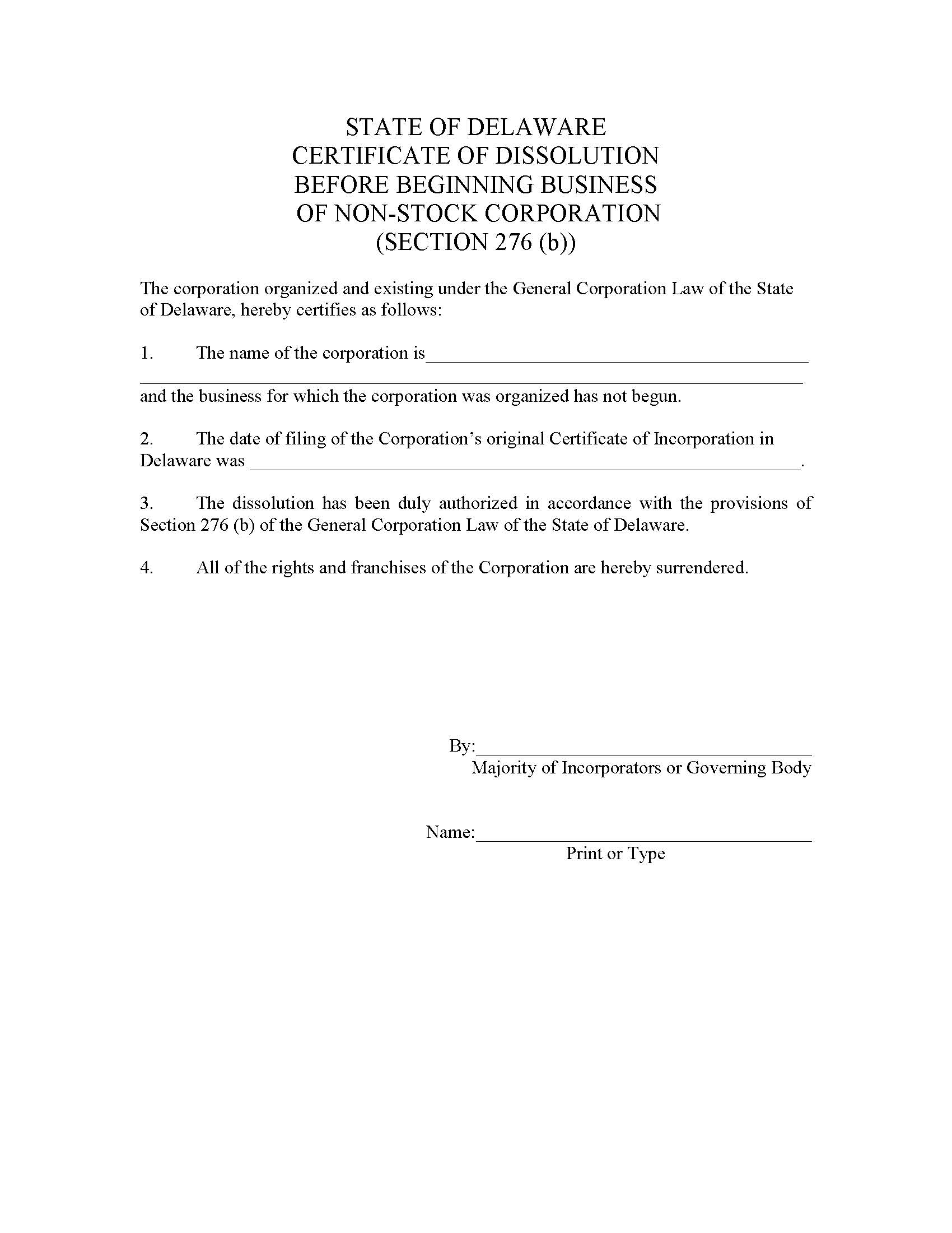 Dissolution-Section 276b-Non Stock Before Beginning Business (Corporations) | Pdf Fpdf Doc Docx | Delaware