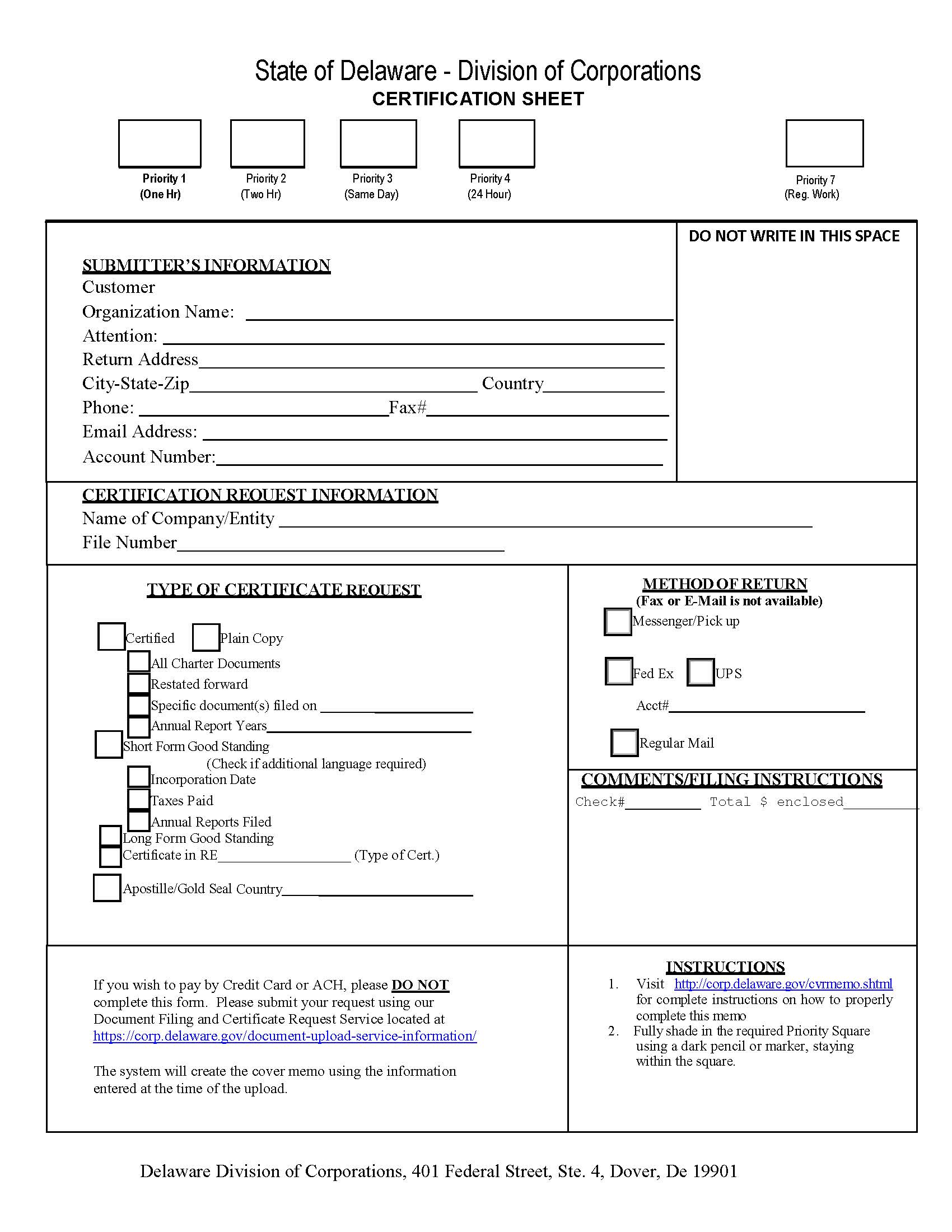 Corporate Certificate Cover Memo (Certification Sheet) | Pdf Fpdf Doc Docx | Delaware