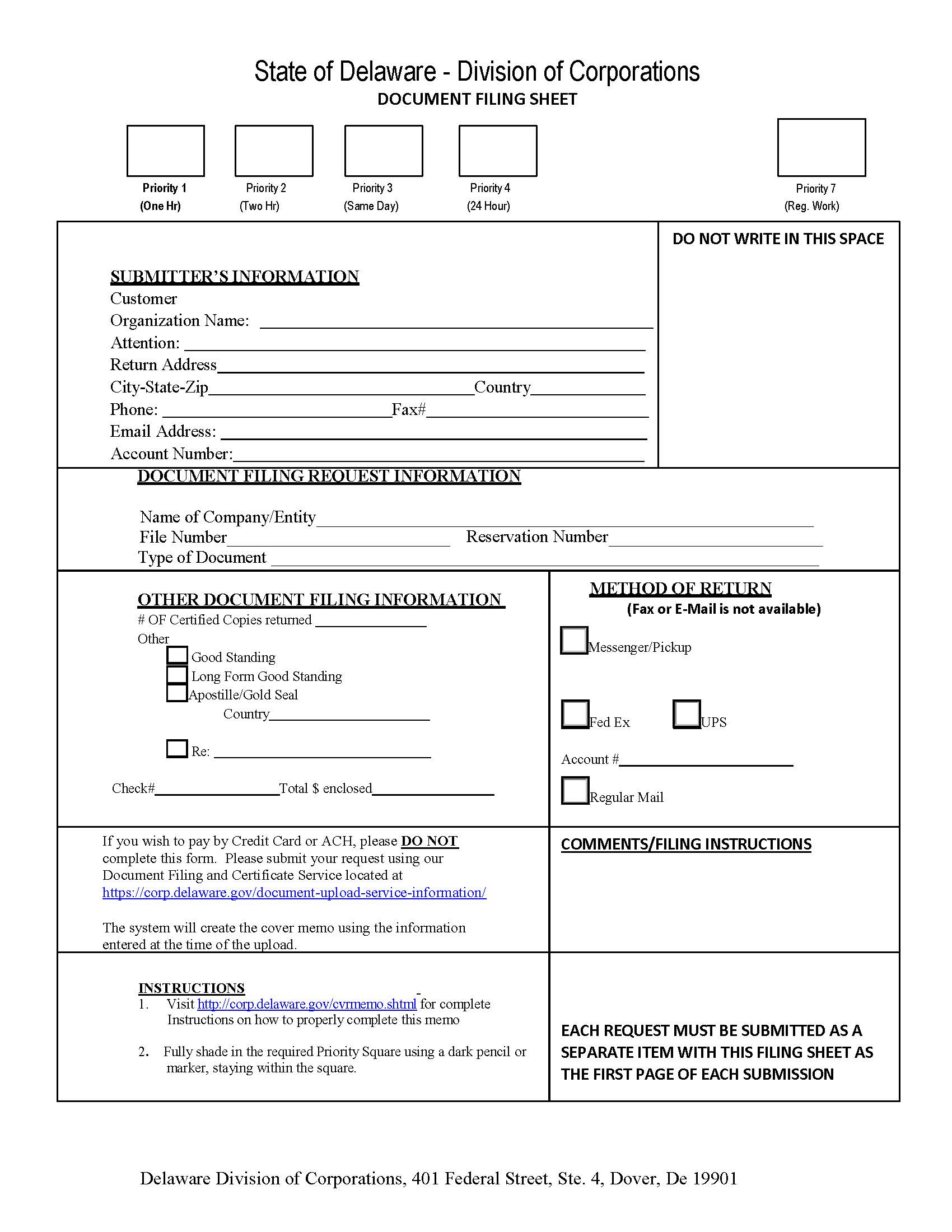 Filing Cover Memo (Document Filing Sheet) | Pdf Fpdf Doc Docx | Delaware