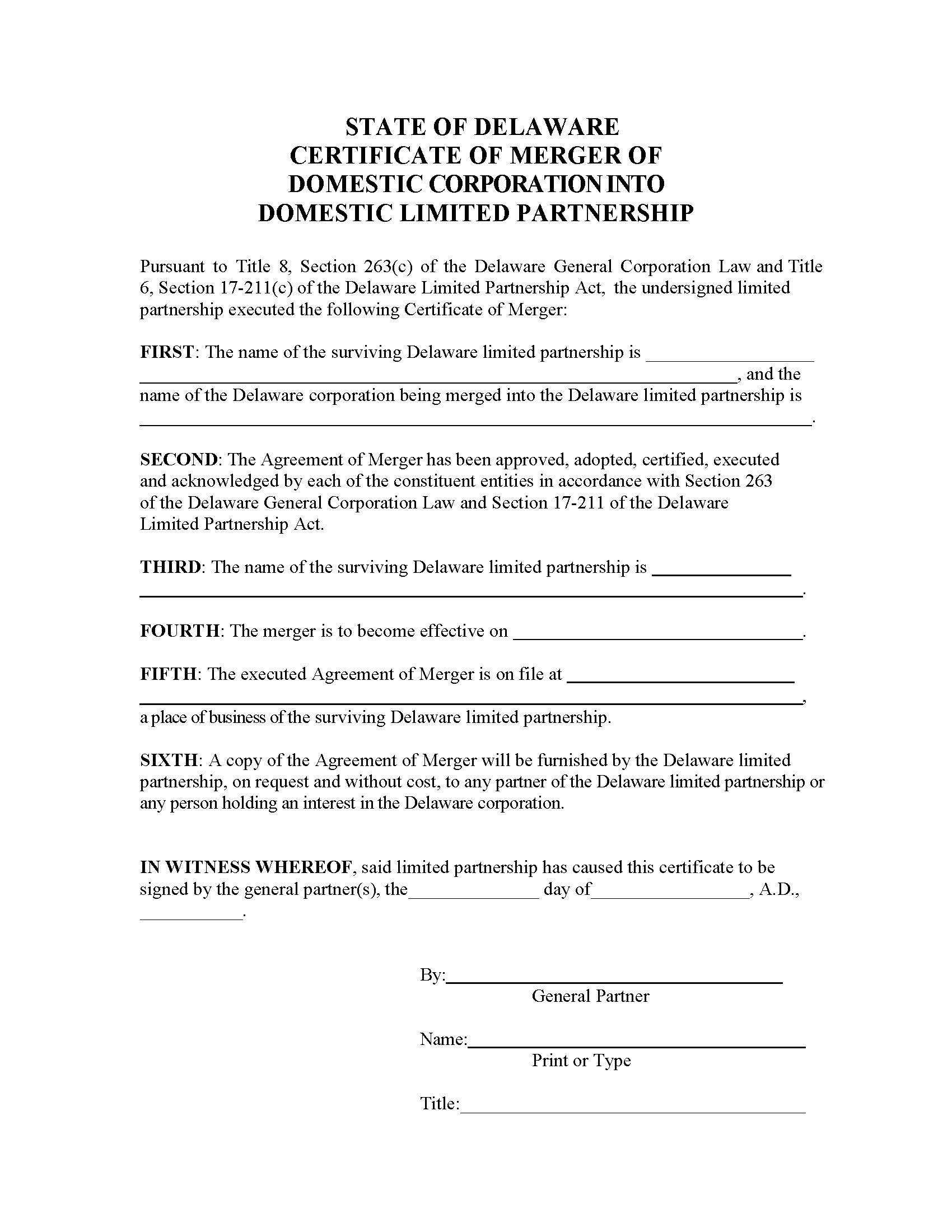 Certificate Of Merger (DE Corp Into DE LP) | Pdf Fpdf Doc Docx | Delaware