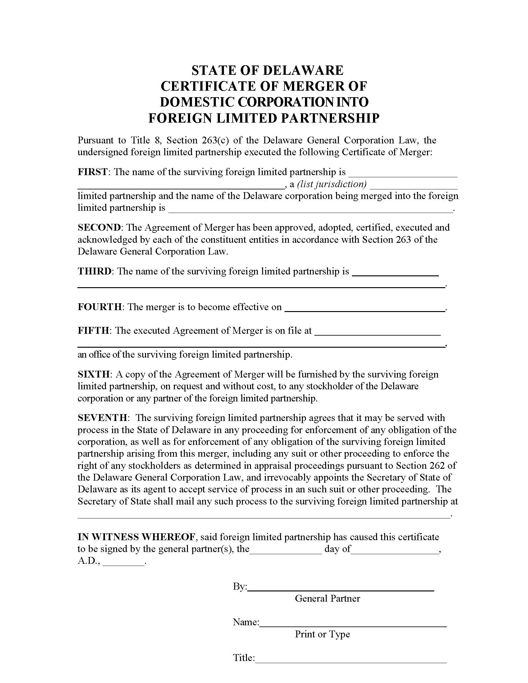 Certificate Of Merger (DE Corp Into Foreign LP) | Pdf Fpdf Doc Docx | Delaware