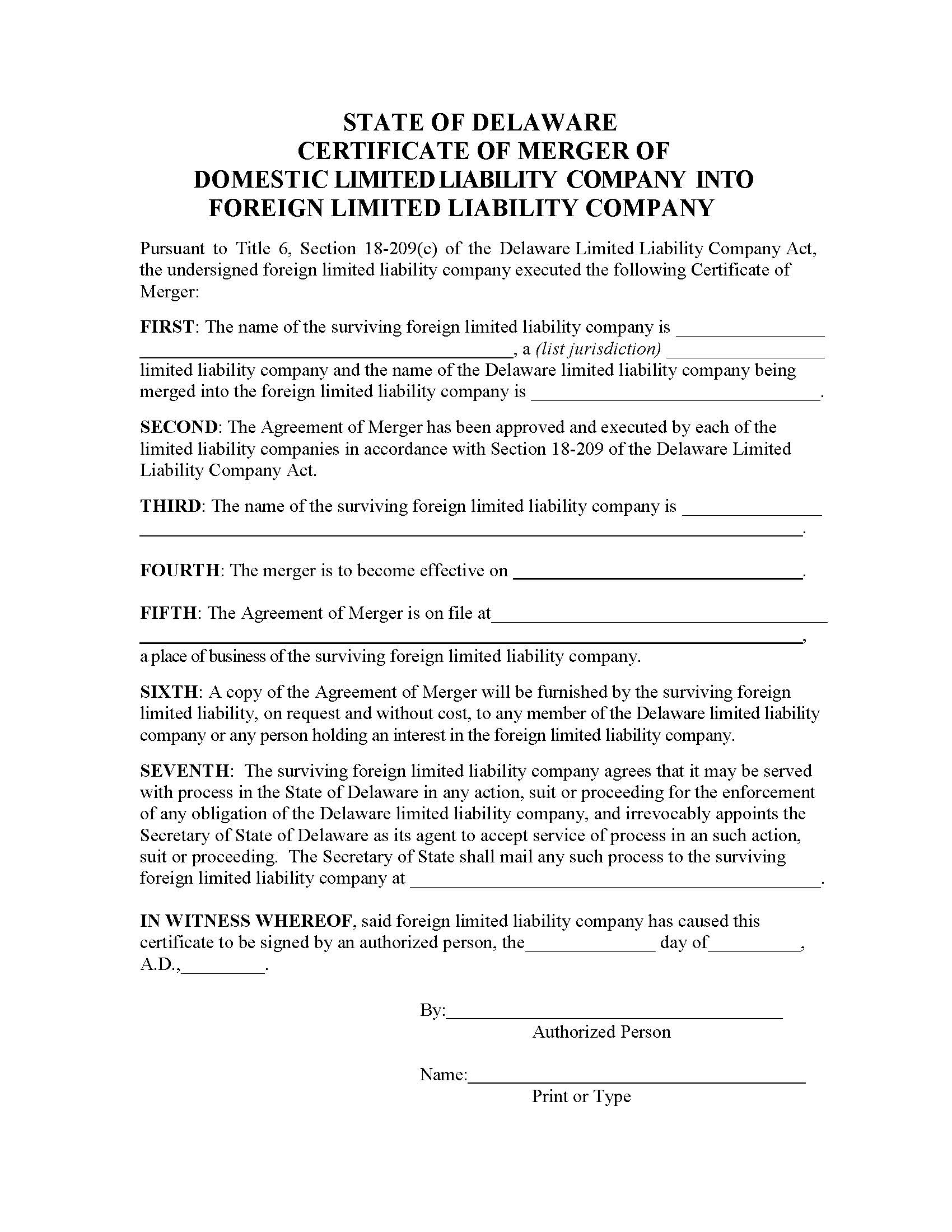 Certificate Of Merger (DE LLC Into Foreign LLC) | Pdf Fpdf Doc Docx | Delaware