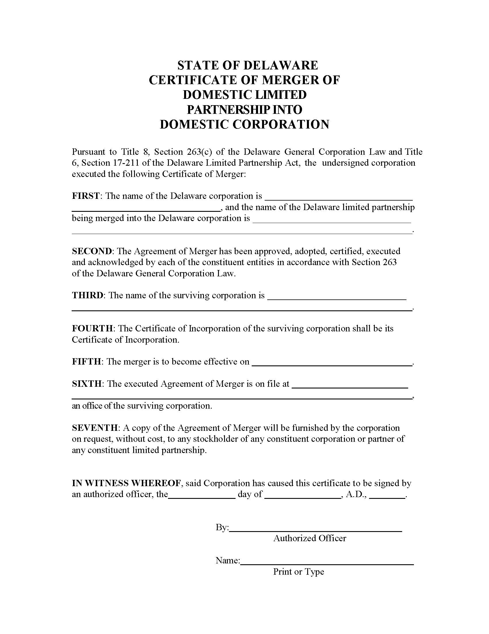 Certificate Of Merger (DE LP Into DE Corp) | Pdf Fpdf Doc Docx | Delaware