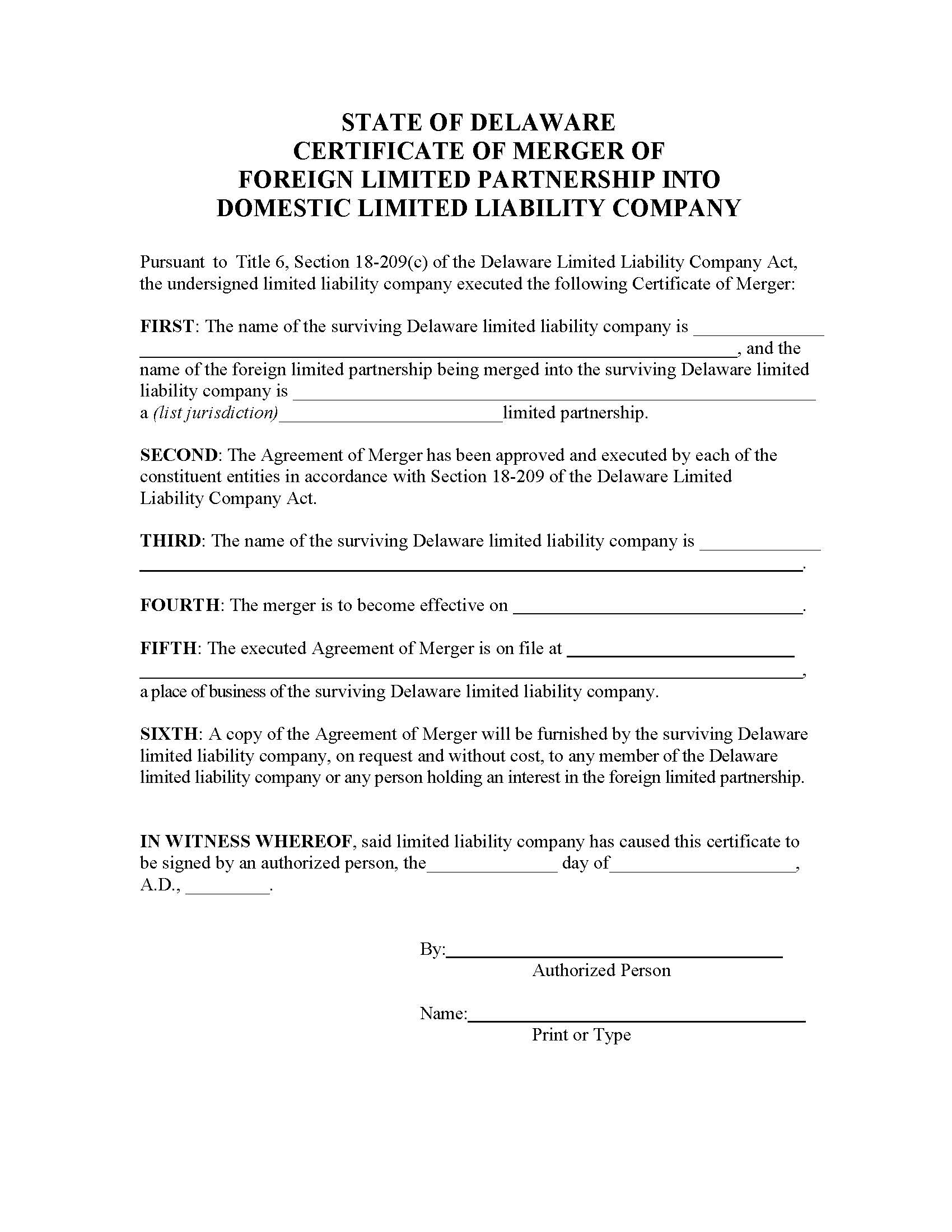 Certificate Of Merger (Foreign LP Into DE LLC) | Pdf Fpdf Doc Docx | Delaware