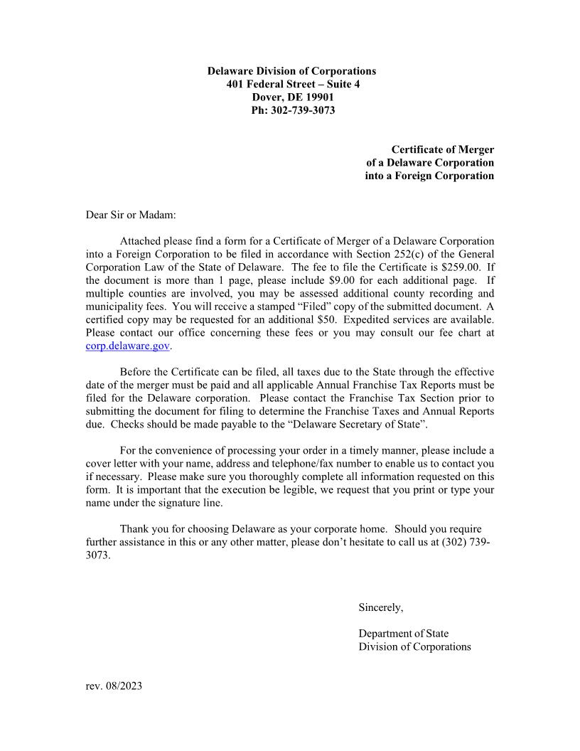 Certificate Of Merger Of Domestic Corporation (DE Corp Into Foreign Corp) | Pdf Fpdf Docx | Delaware
