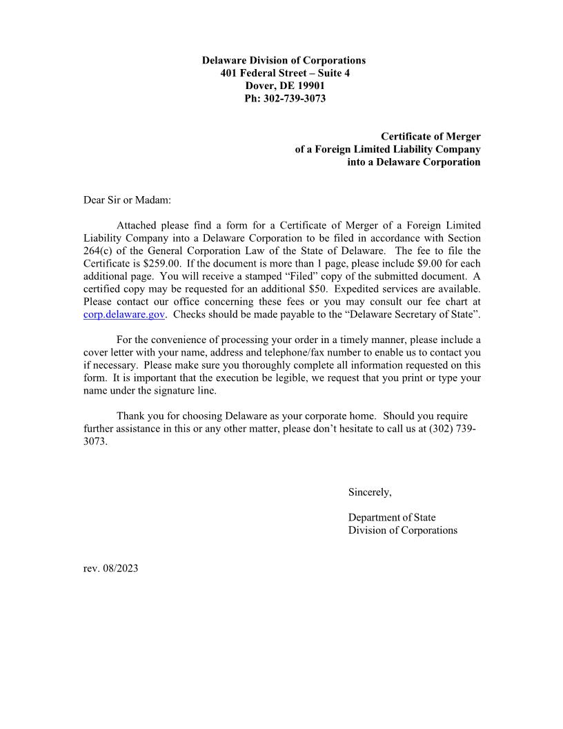 Certificate Of Merger Of Domestic Corporation And Foreign Limited Liability Company (Foreign LLC Into DE Corp) | Pdf Fpdf Doc Docx | Delaware