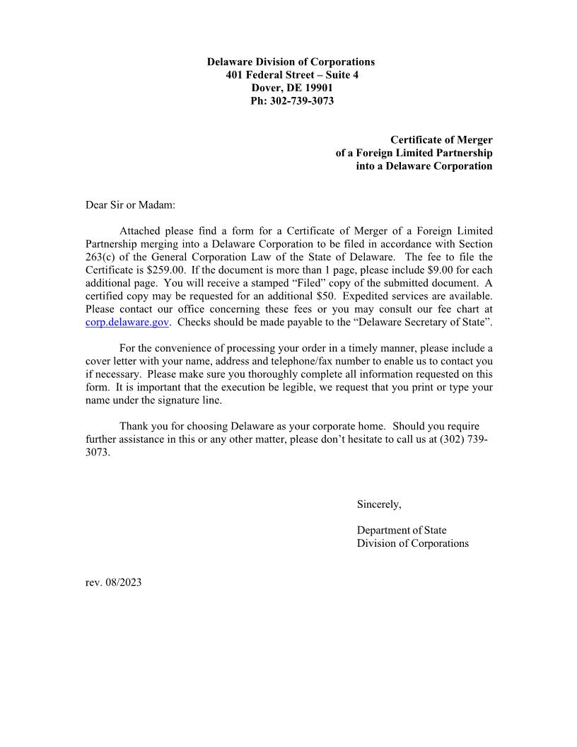 Certificate Of Merger Of Domestic Corporation And Foreign Limited Partnership (Foreign LP Into DE Corp) | Pdf Fpdf Docx | Delaware