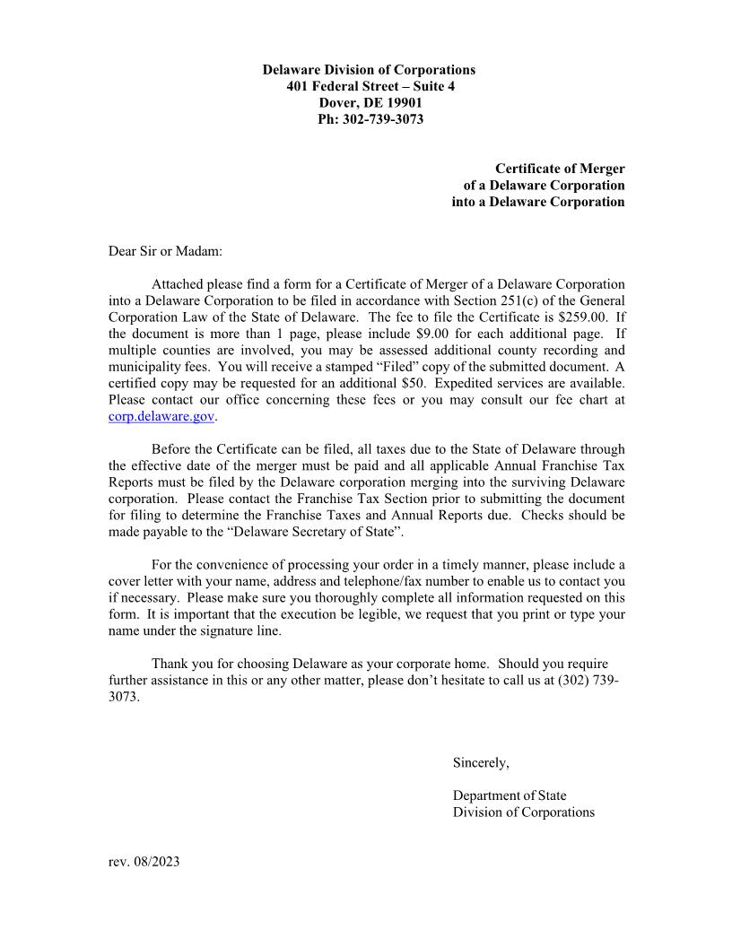 Certificate Of Merger Of Domestic Corporations (DE Corp Into DE Corp) | Pdf Fpdf Doc Docx | Delaware