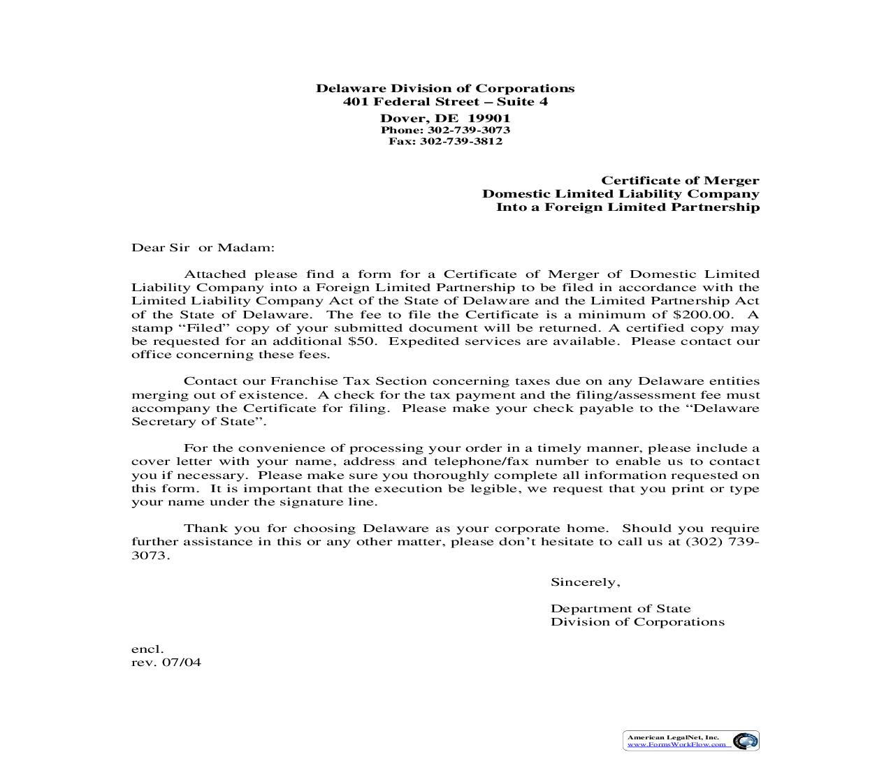 Certificate Of Merger Of Domestic Limited Liability Company Into Foreign Limited Partnership | Pdf Fpdf Doc Docx | Delaware