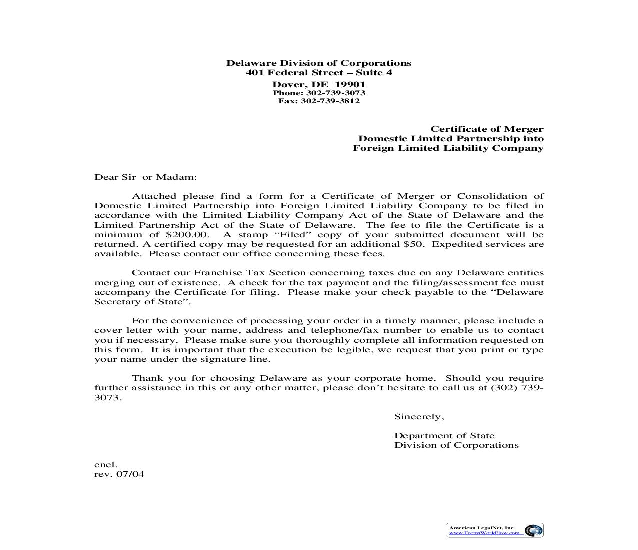 Certificate Of Merger Of Domestic Limited Partnership Into Foreign Limited Liability Company | Pdf Fpdf Doc Docx | Delaware