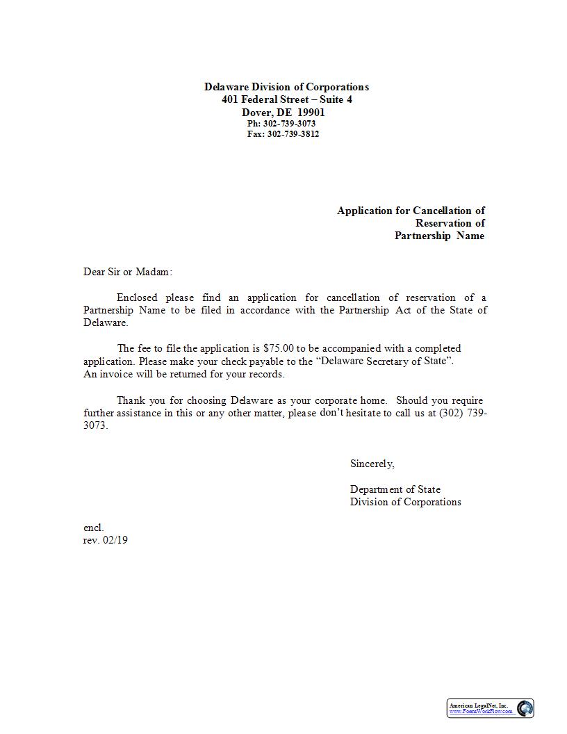 Application For Cancellation Of Reservation Of Partnership Name | Pdf Fpdf Docx | Delaware