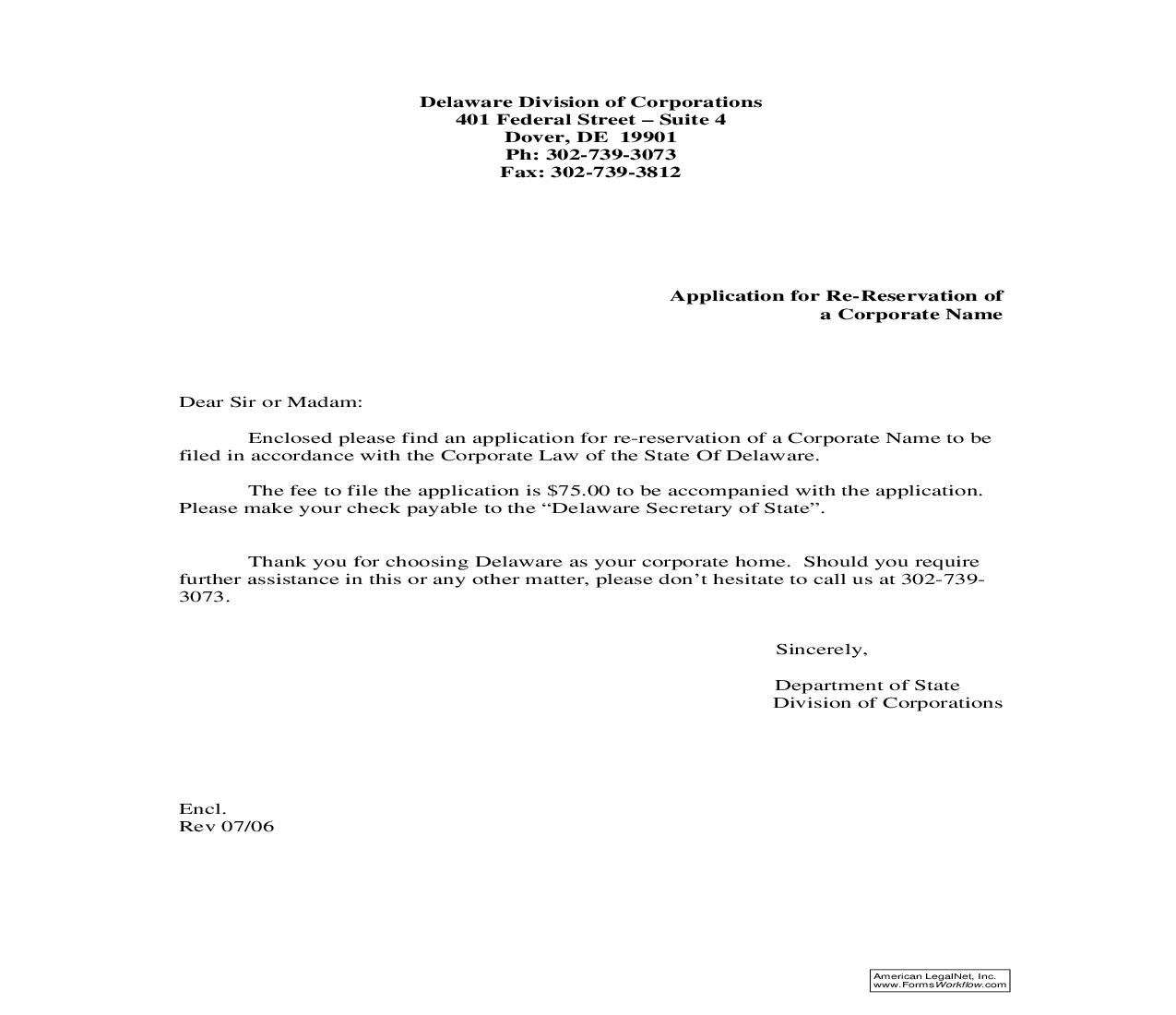 Application For Re-Reservation Of A Corporate Name Pursuant To Title 8, Section 102 | Pdf Fpdf Doc Docx | Delaware