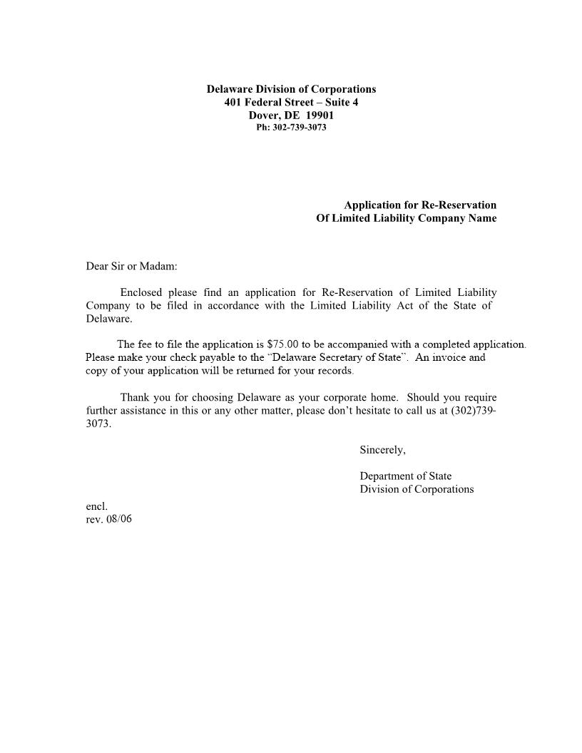 Application For Re-Reservation Of A Limited Liability Company Name Pursuant To Title 6, Section 18-103 | Pdf Fpdf Doc Docx | Delaware