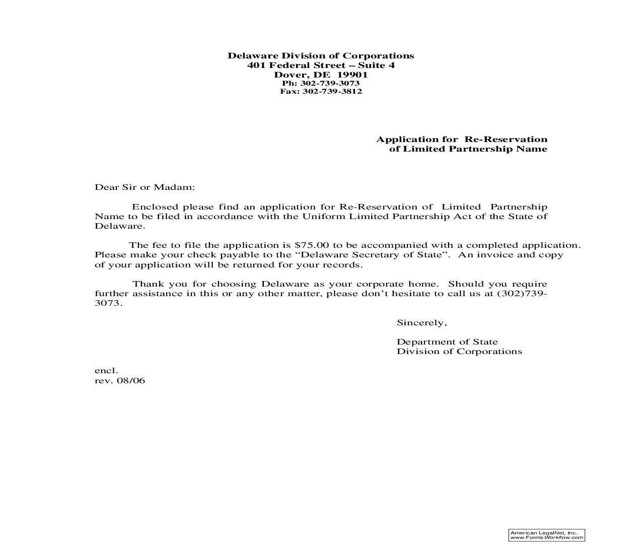 Application For Re-Reservation Of A Limited Partnership Name Pursuant To Title 6, Section 17-103 | Pdf Fpdf Doc Docx | Delaware