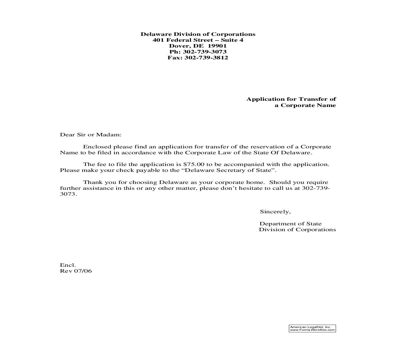 Application For Transfer Of A Corporate Name Pursuant To Title 8, Section 102 | Pdf Fpdf Doc Docx | Delaware