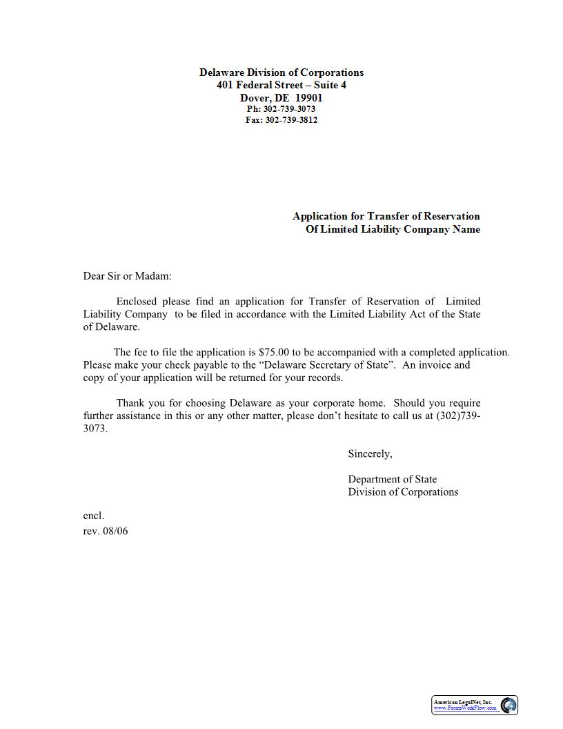 Application For Transfer Of A Limited Liability Company Name Pursuant To Title 6, Section 18-103 | Pdf Fpdf Doc Docx | Delaware