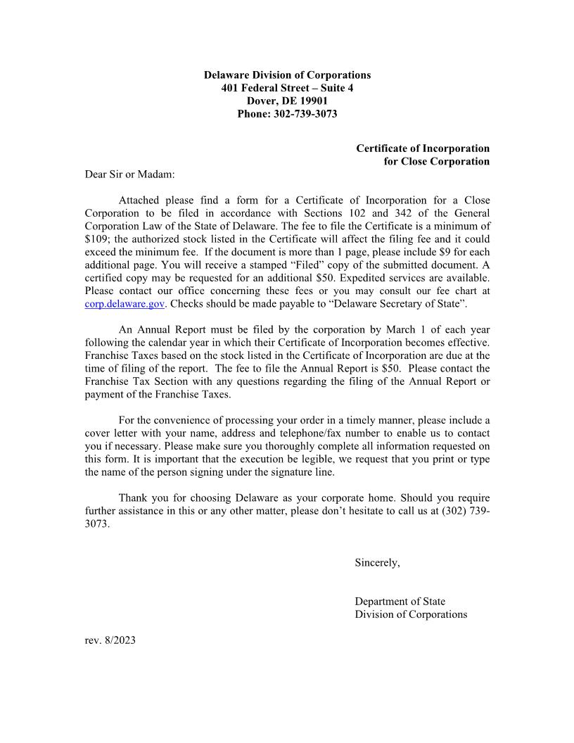 Close Corporation (Certificate Of Incorporation) | Pdf Fpdf Doc Docx | Delaware