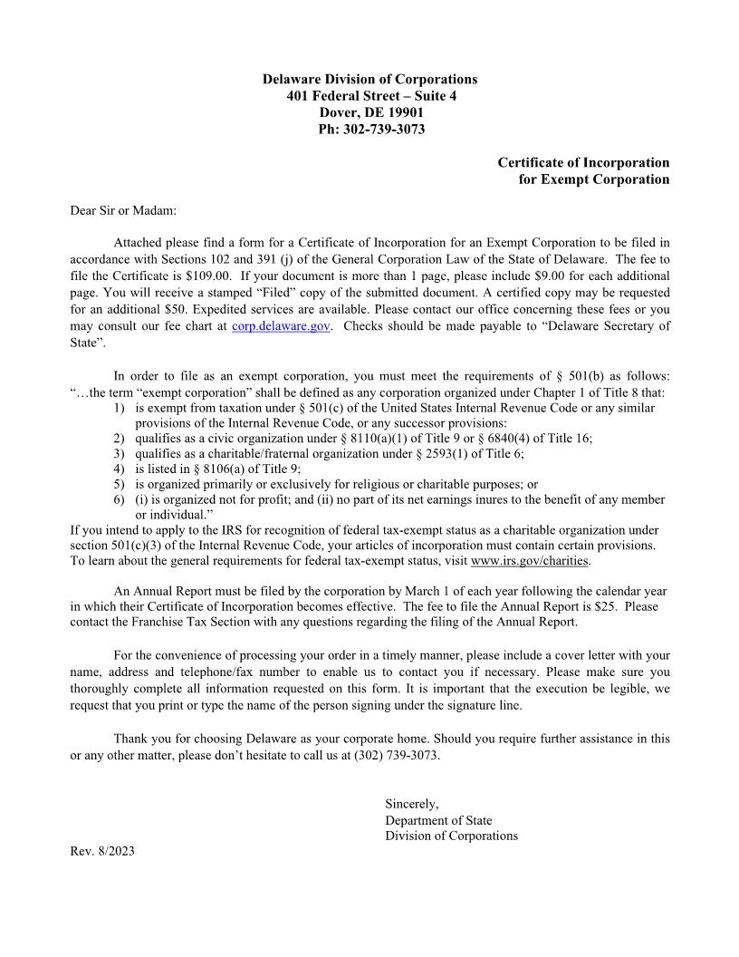 Exempt Corporation (Certificate Of Incorporation) | Pdf Fpdf Doc Docx | Delaware