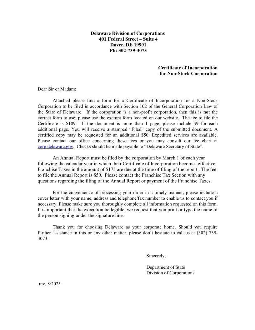 Non-Stock Certificate Of Incorporation | Pdf Fpdf Doc Docx | Delaware