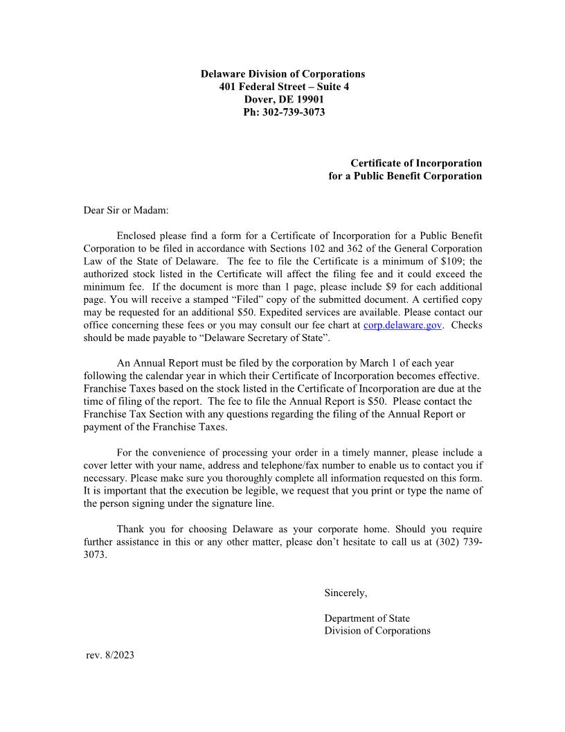 Public Benefit Corporation (Certificate Of Incorporation) | Pdf Fpdf Doc Docx | Delaware