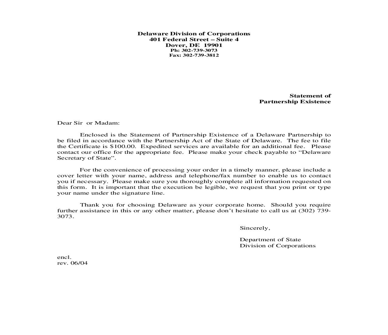 Statement Of Partnership Existence | Pdf Fpdf Doc Docx | Delaware