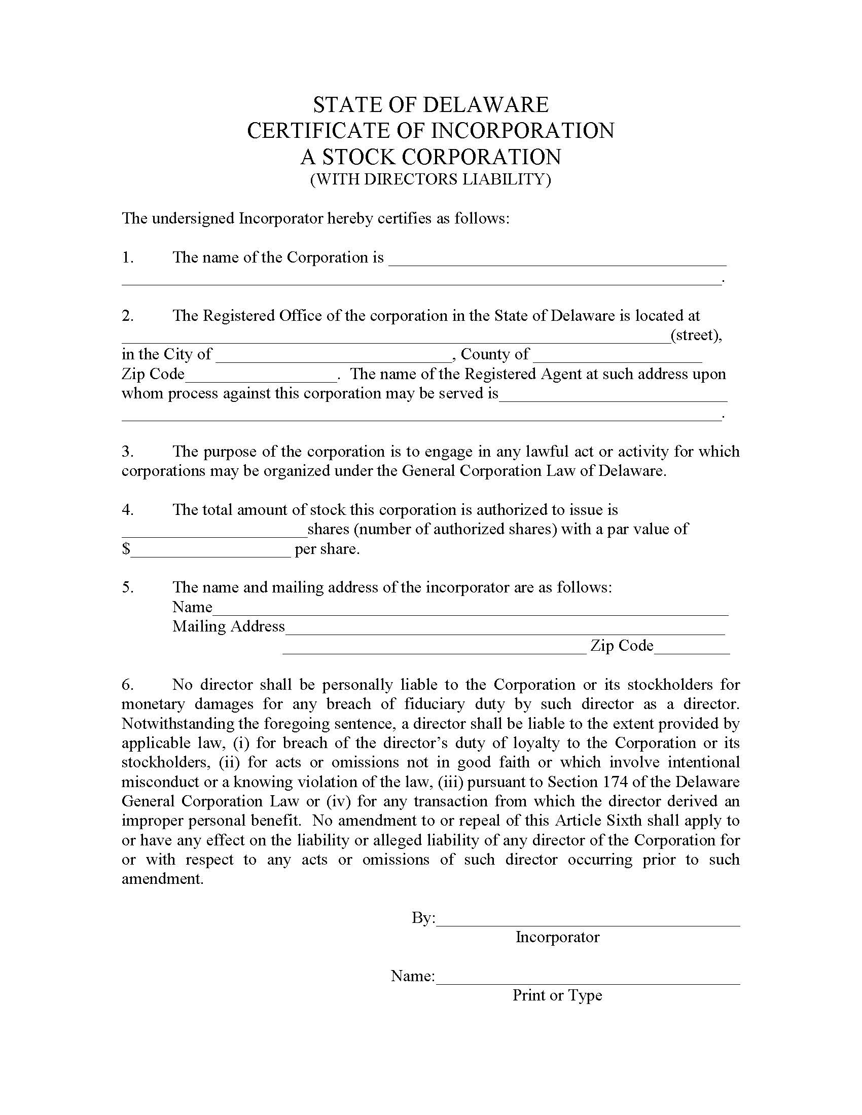 Stock Certificate Of Incorporation-Director Liability | Pdf Fpdf Doc Docx | Delaware