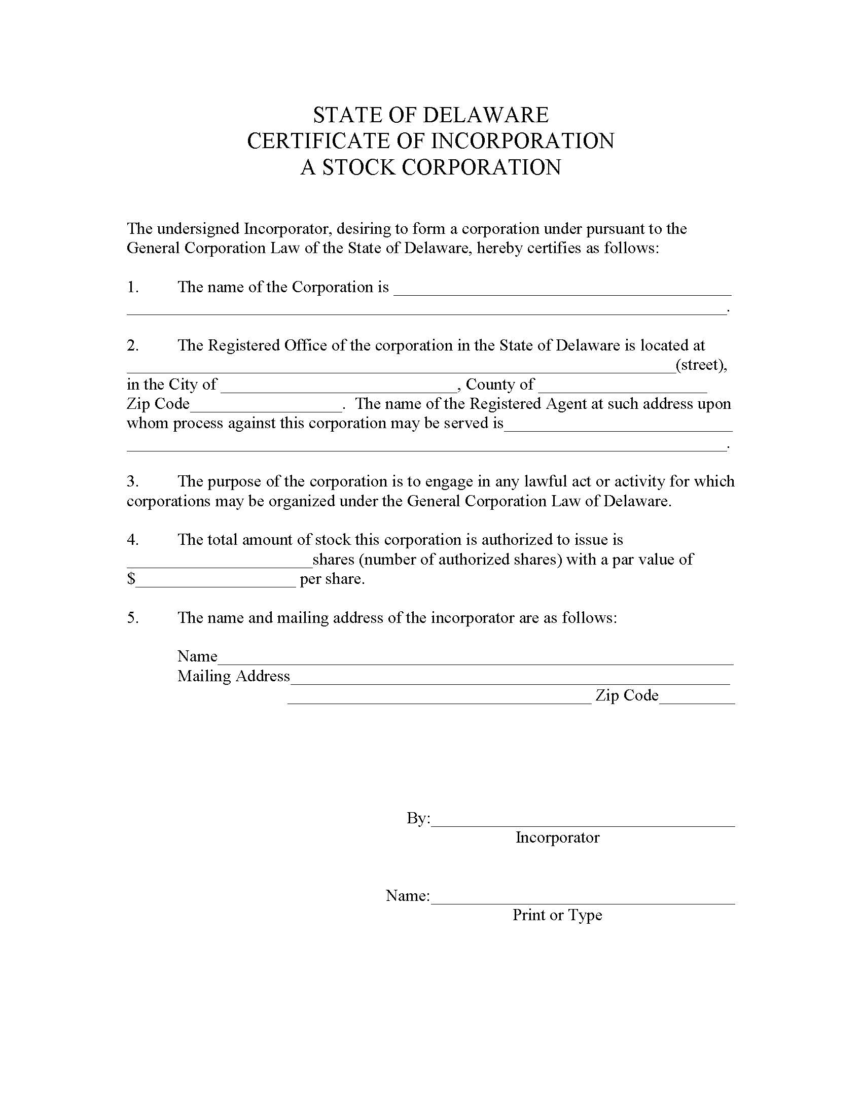 Stock Certificate Of Incorporation | Pdf Fpdf Doc Docx | Delaware