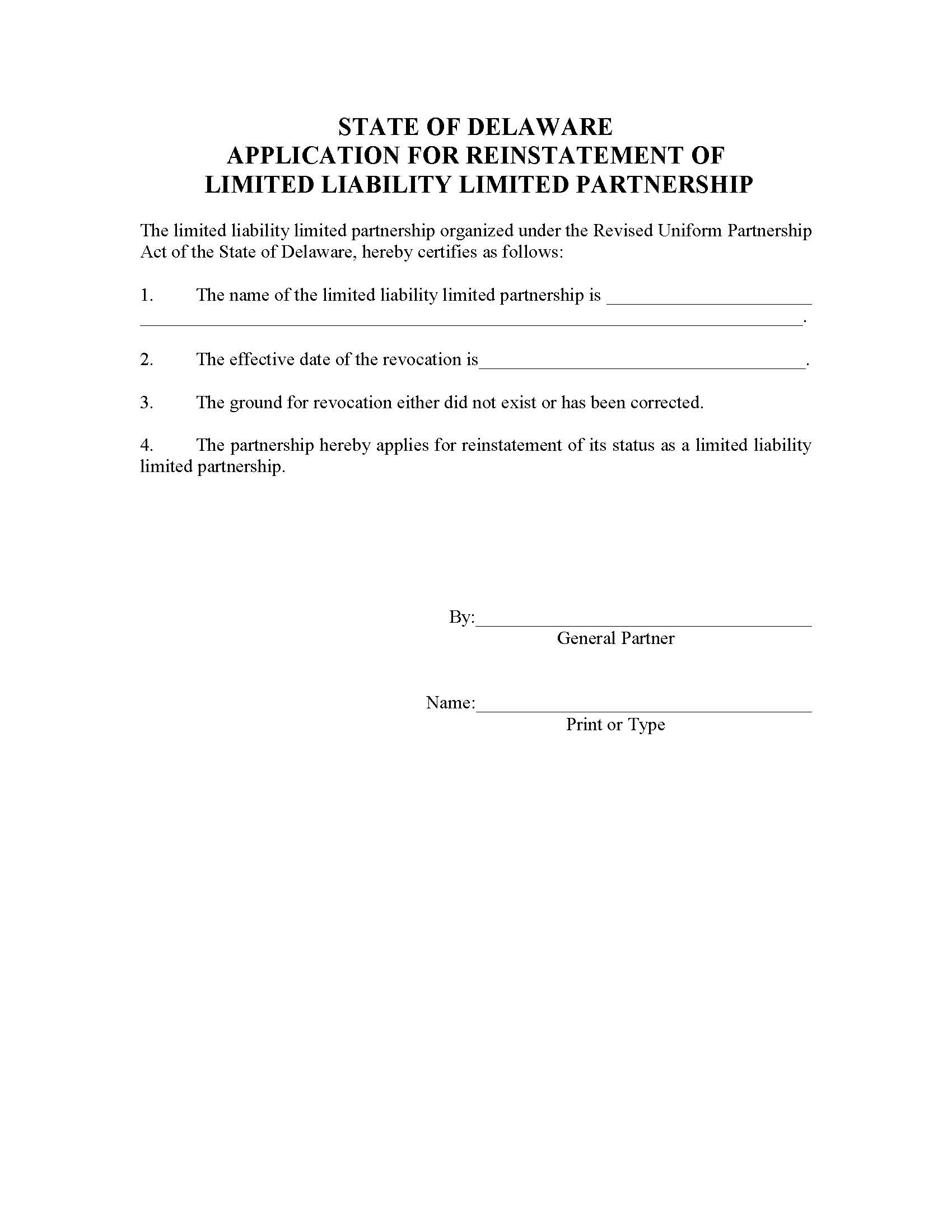 Limited Liability Limited Partnership (Application For Reinstatement) | Pdf Fpdf Docx | Delaware