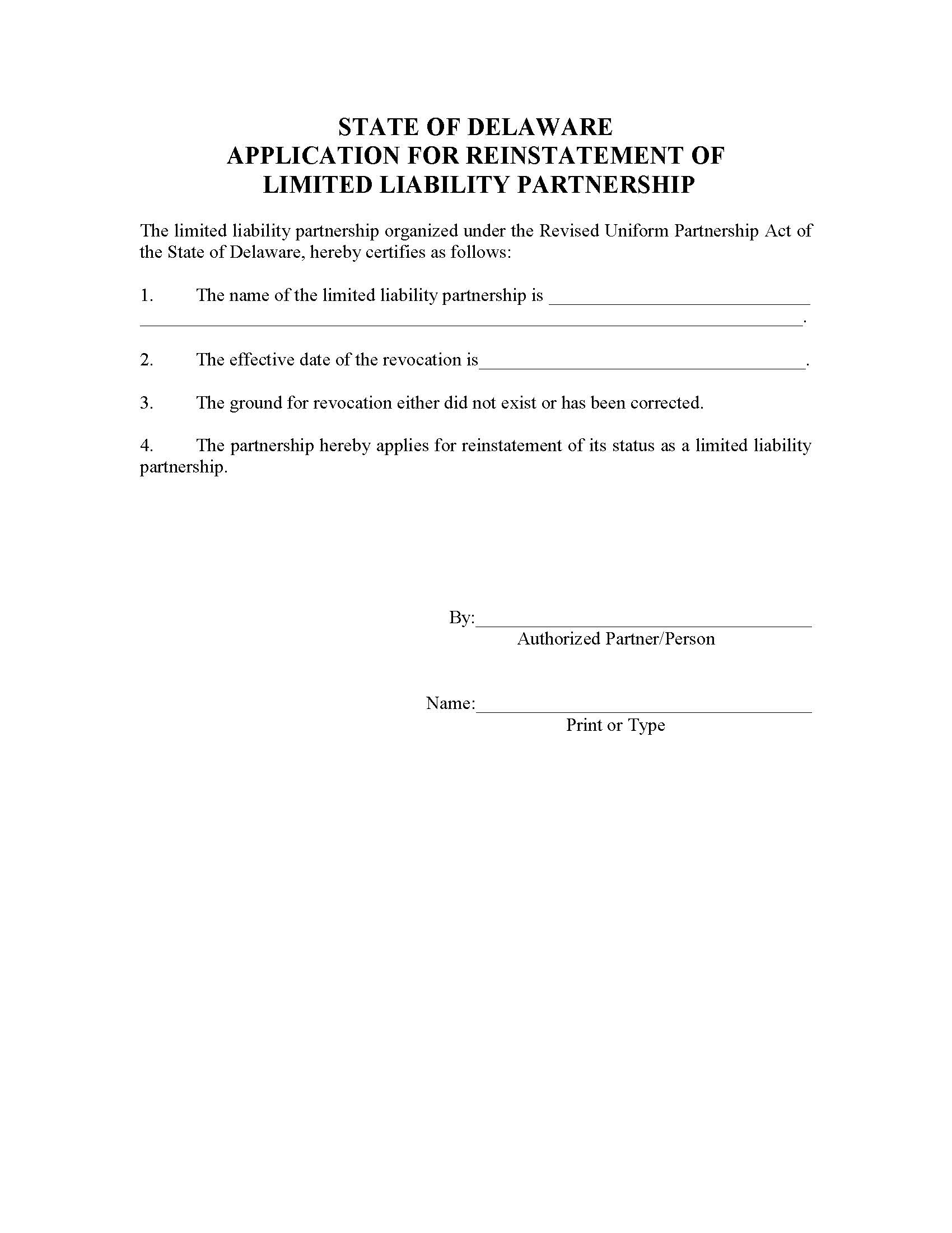 Limited Liability Partnership (Application For Reinstatement) | Pdf Fpdf Docx | Delaware