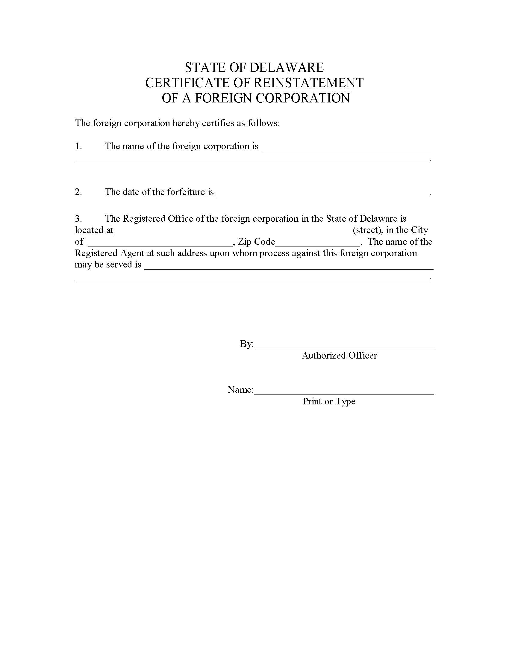 Reinstatement For Forfeiture (Certificate Of Reinstatement Of Foreign Corporation) | Pdf Fpdf Docx | Delaware