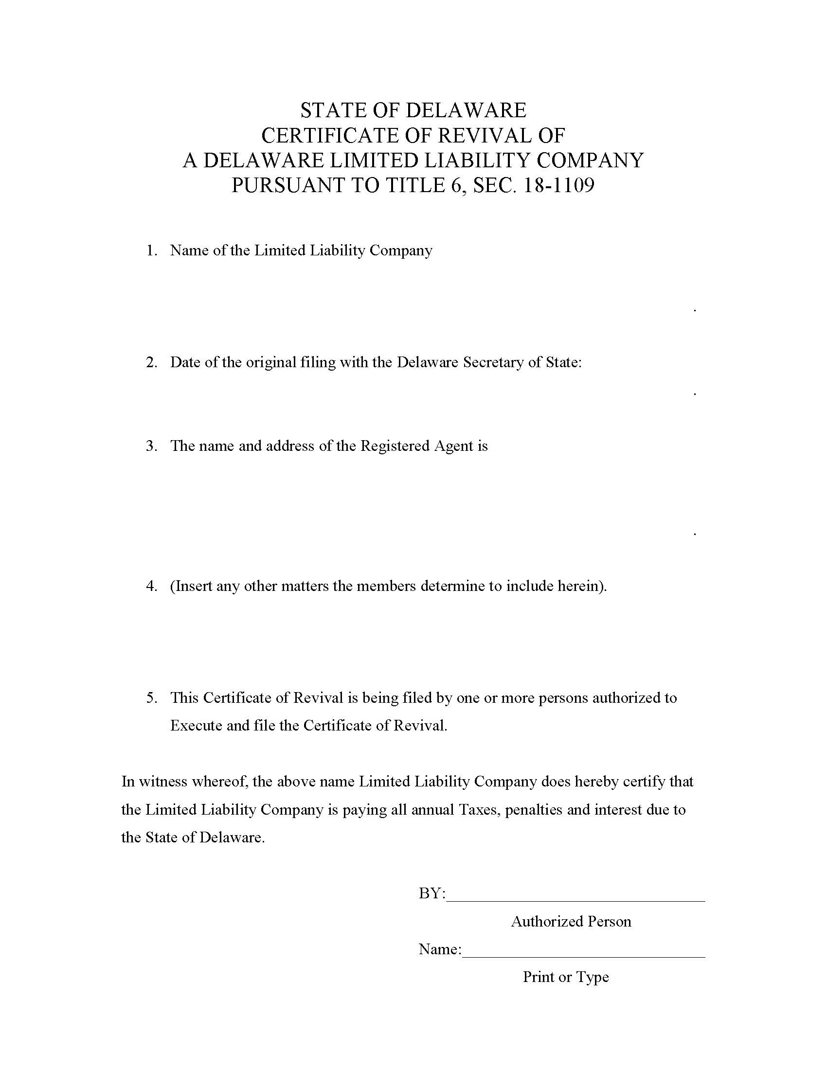 Revival (Certificate Of Revival Of Delaware Limited Liability Company) | Pdf Fpdf Doc Docx | Delaware