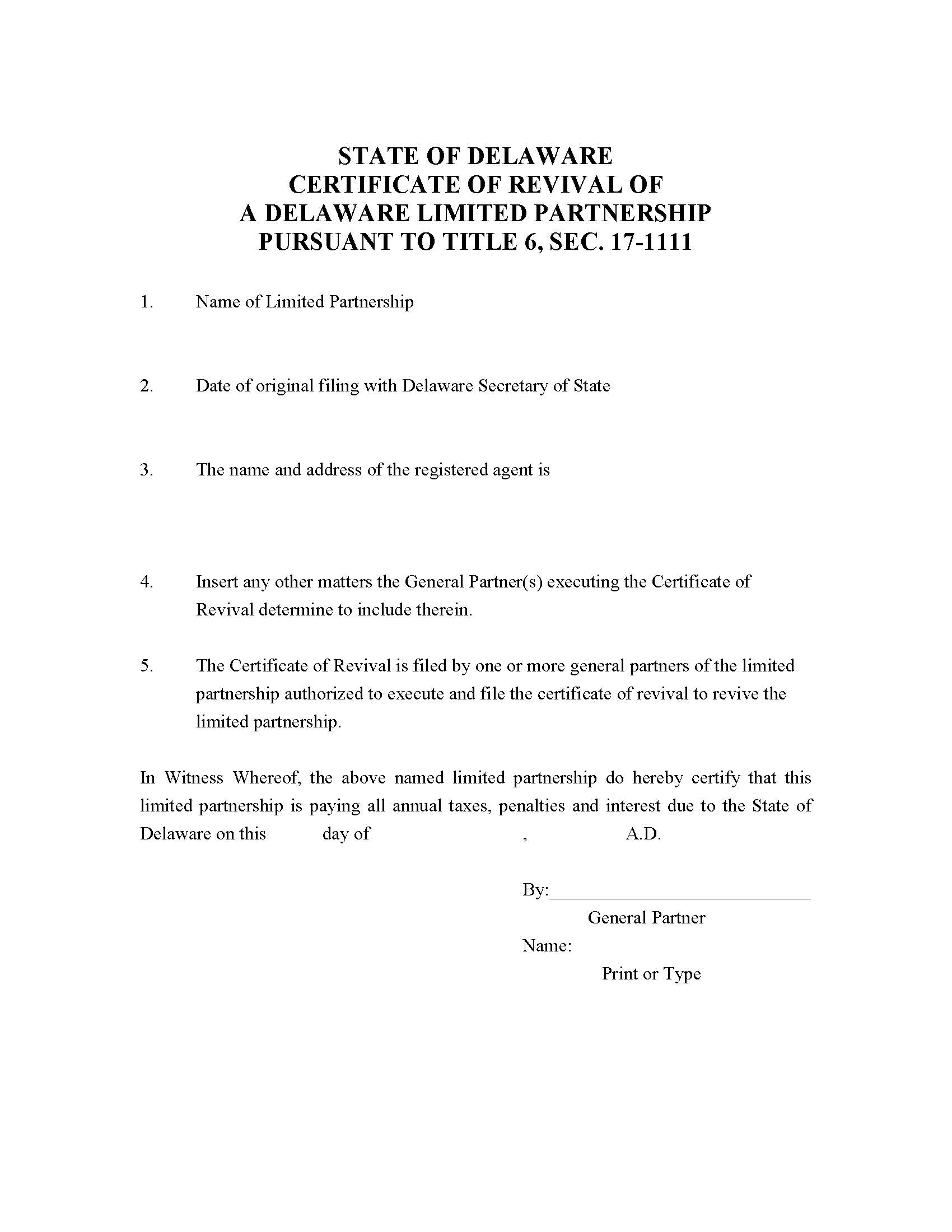 Revival (Certificate Of Revival Of Delaware Limited Partnership) | Pdf Fpdf Doc Docx | Delaware