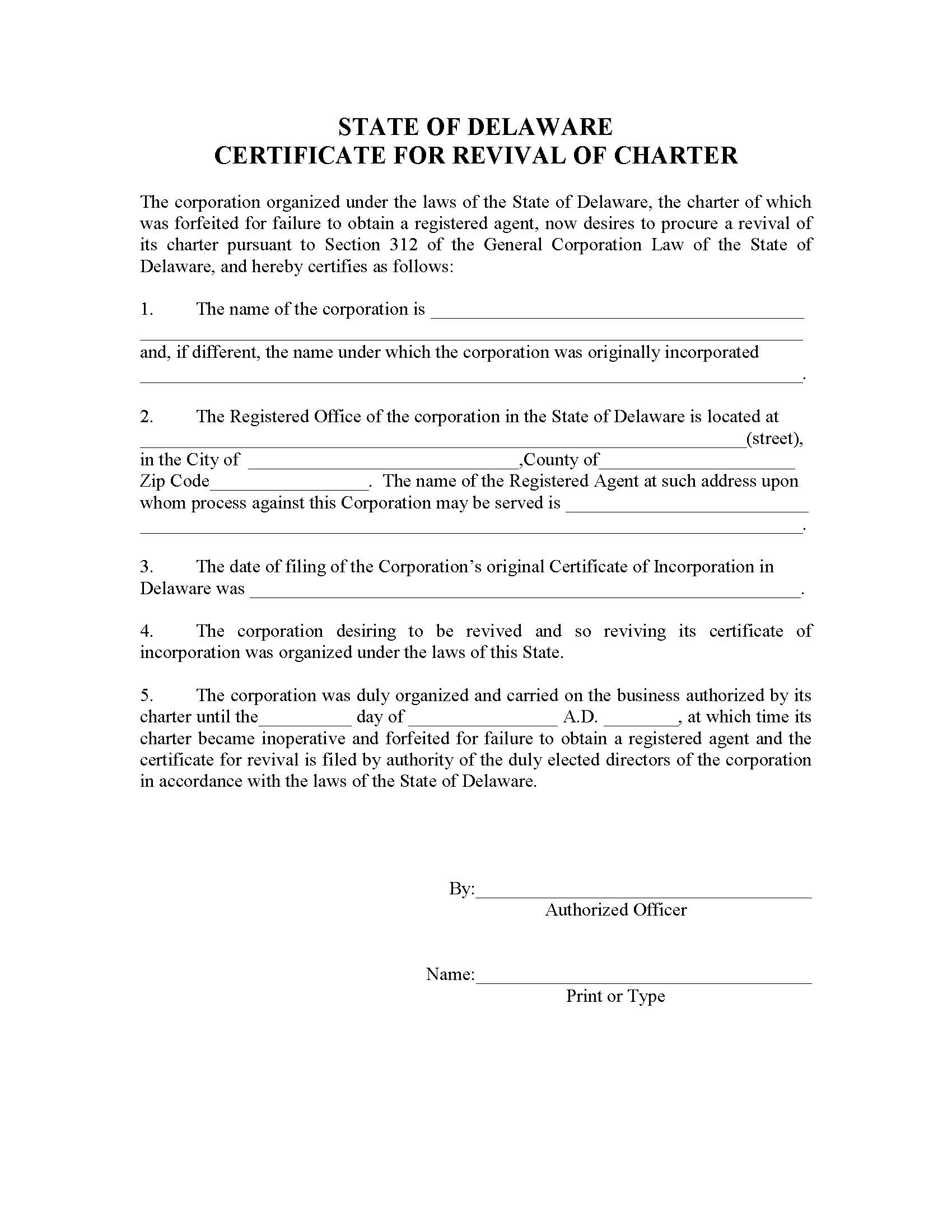 Revival For Forfeiture (Certificate Of Revival Of Charter For Forfeited Corporation) | Pdf Fpdf Doc Docx | Delaware