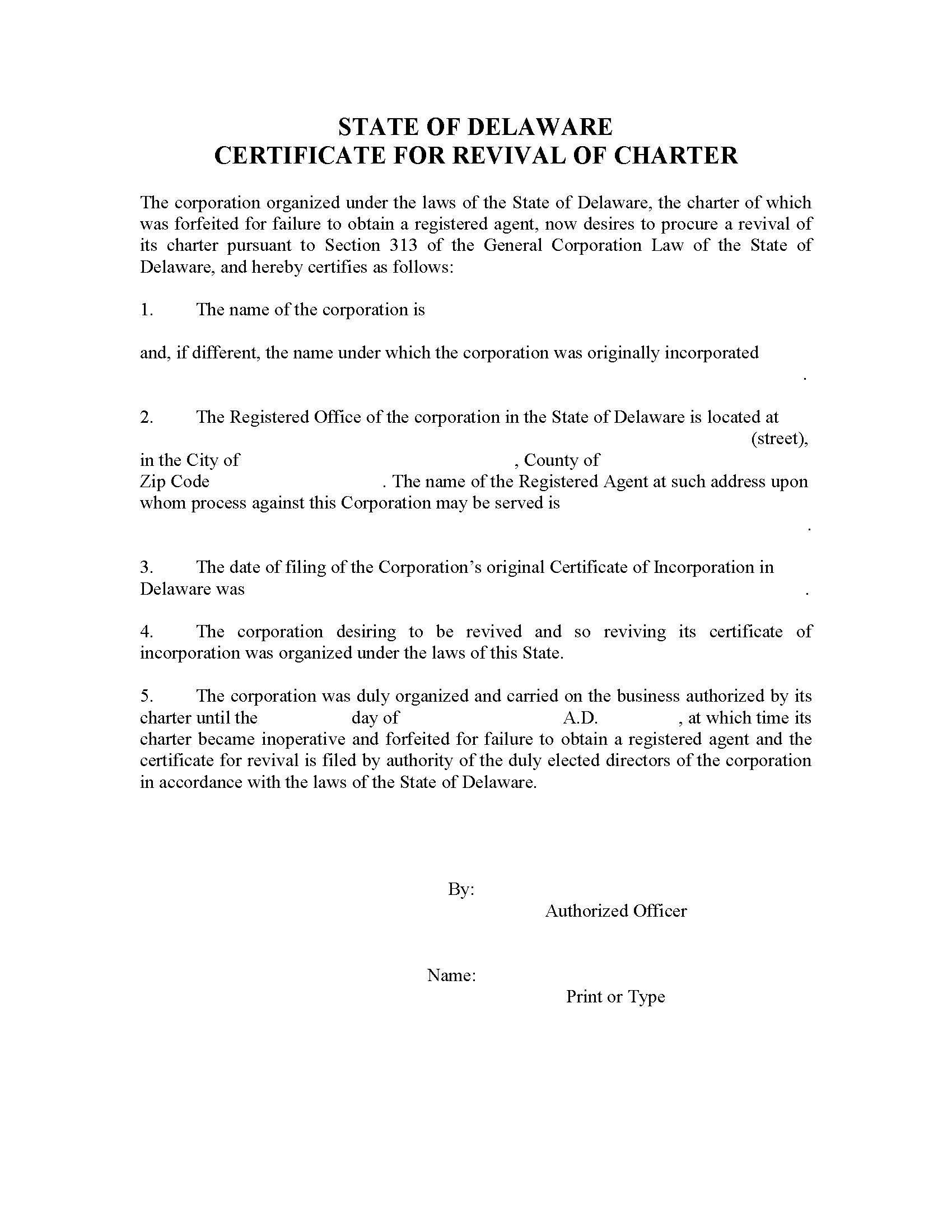 Revival For Forfeiture (Certificate Of Revival Of Charter-Exempt Forfeited Corporation) | Pdf Fpdf Docx | Delaware