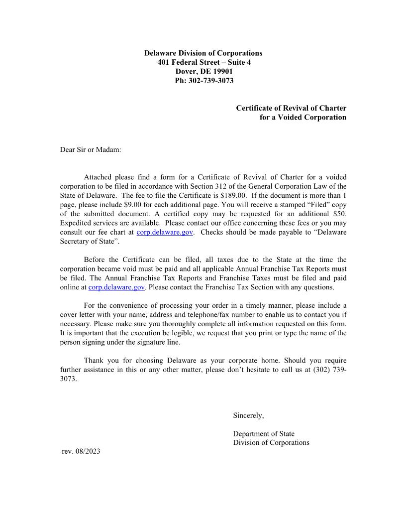 Revival For Void (Certificate Of Revival Of Charter For Voided Corporation) | Pdf Fpdf Doc Docx | Delaware
