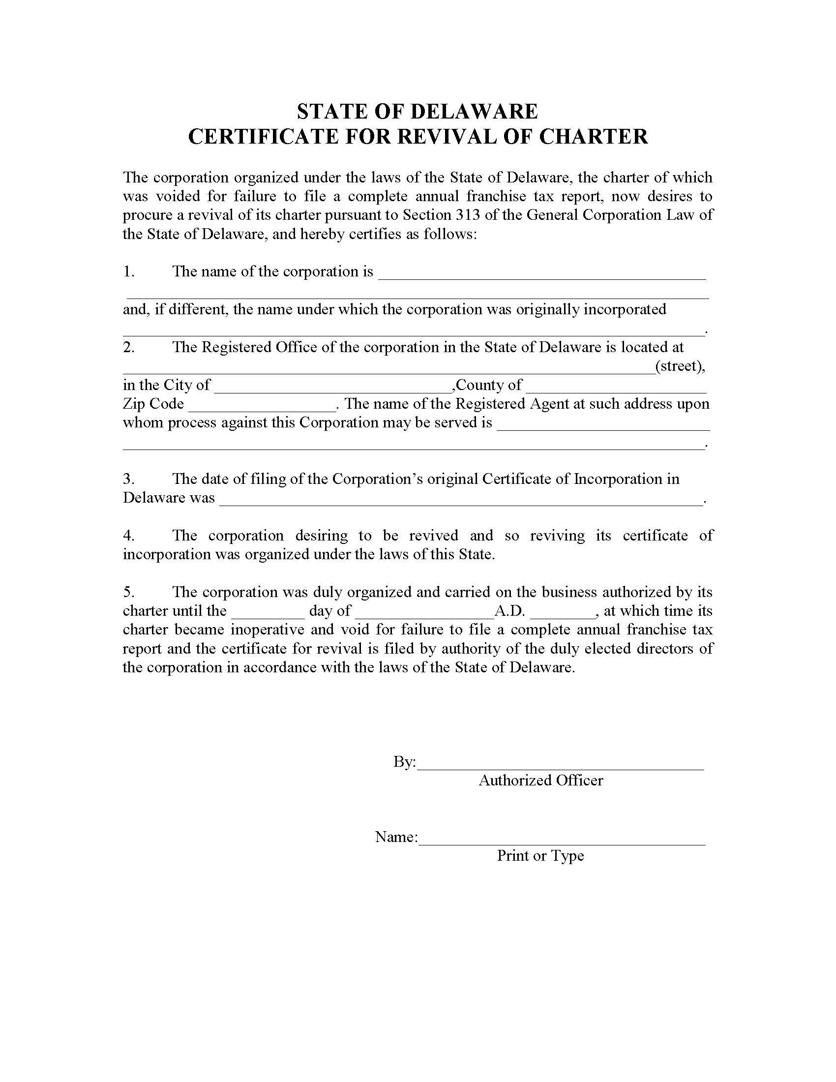 Revival For Void (Certificate Of Revival Of Charter-Exempt Voided Corporation) | Pdf Fpdf Docx | Delaware