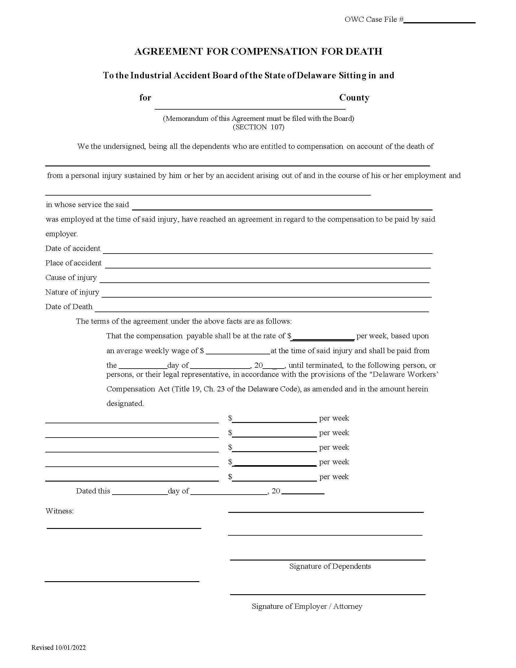 Agreement For Compensation For Death | Pdf Fpdf Doc Docx | Delaware