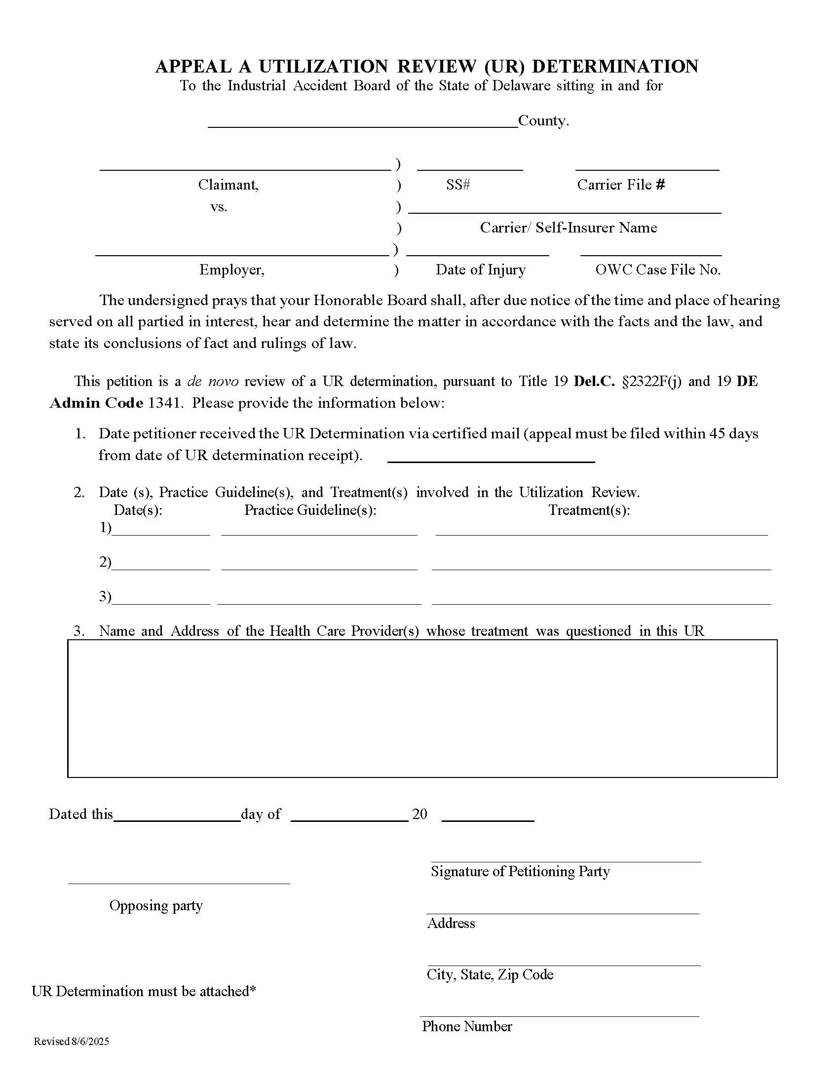 Petition To Appeal A Utilization Review | Pdf Fpdf Doc Docx | Delaware
