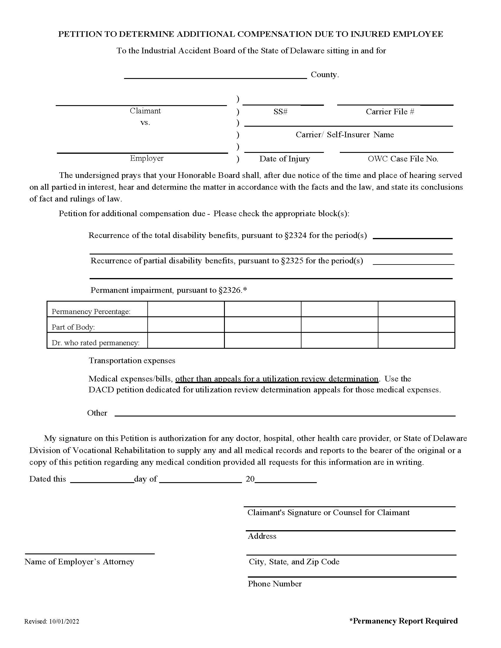 Petition To Determine Additional Compensation Due To Injured Employee | Pdf Fpdf Doc Docx | Delaware