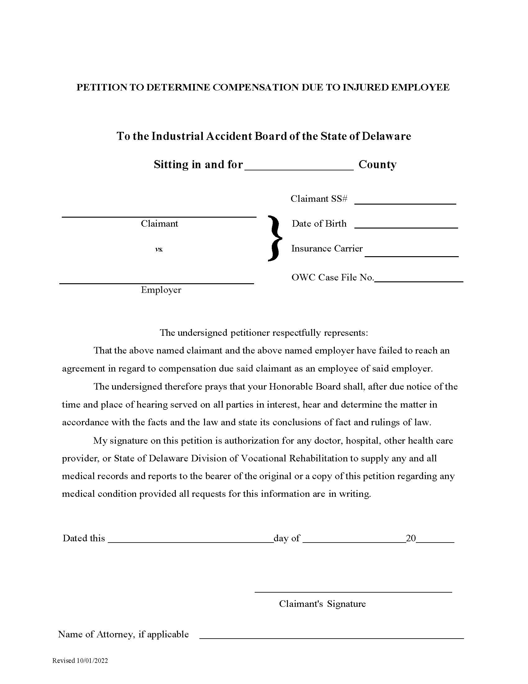 Petition To Determine Compensation Due To Injured Employee | Pdf Fpdf Docx | Delaware