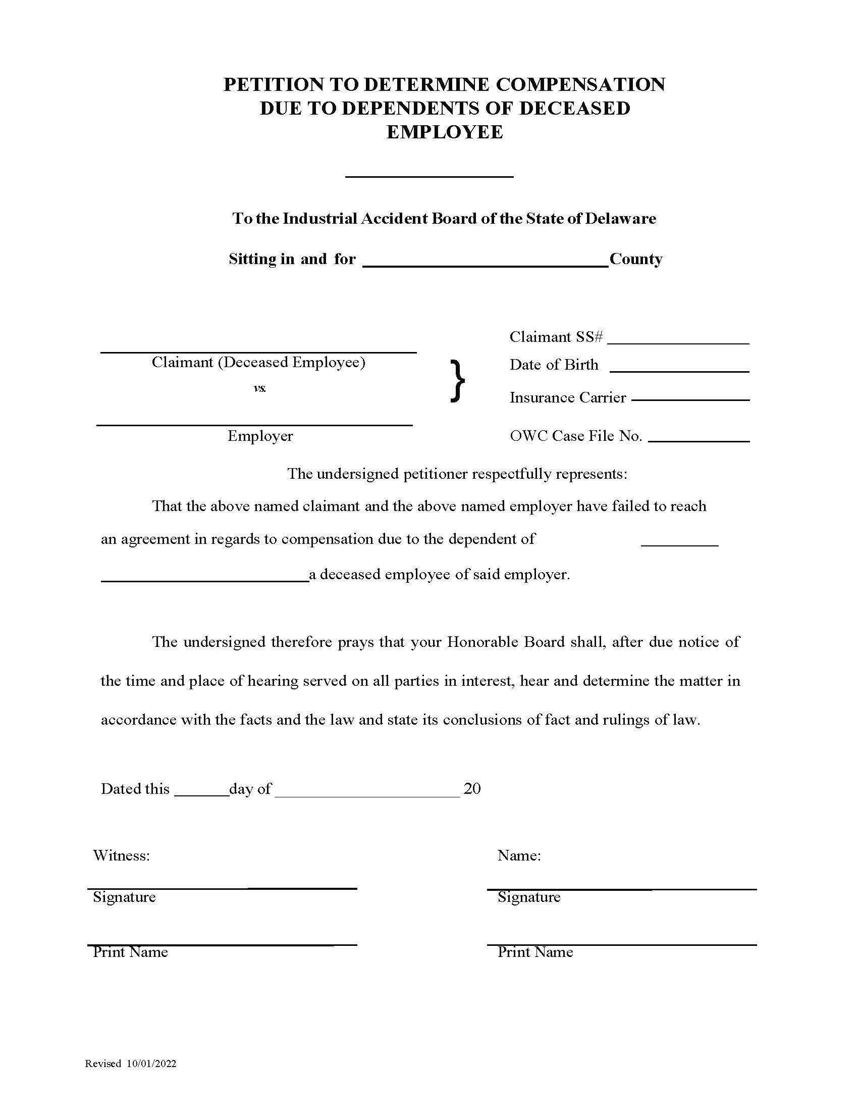 Petition to Determine Compensation Due to Dependents of Deceased Employee | Pdf Fpdf Docx | Delaware